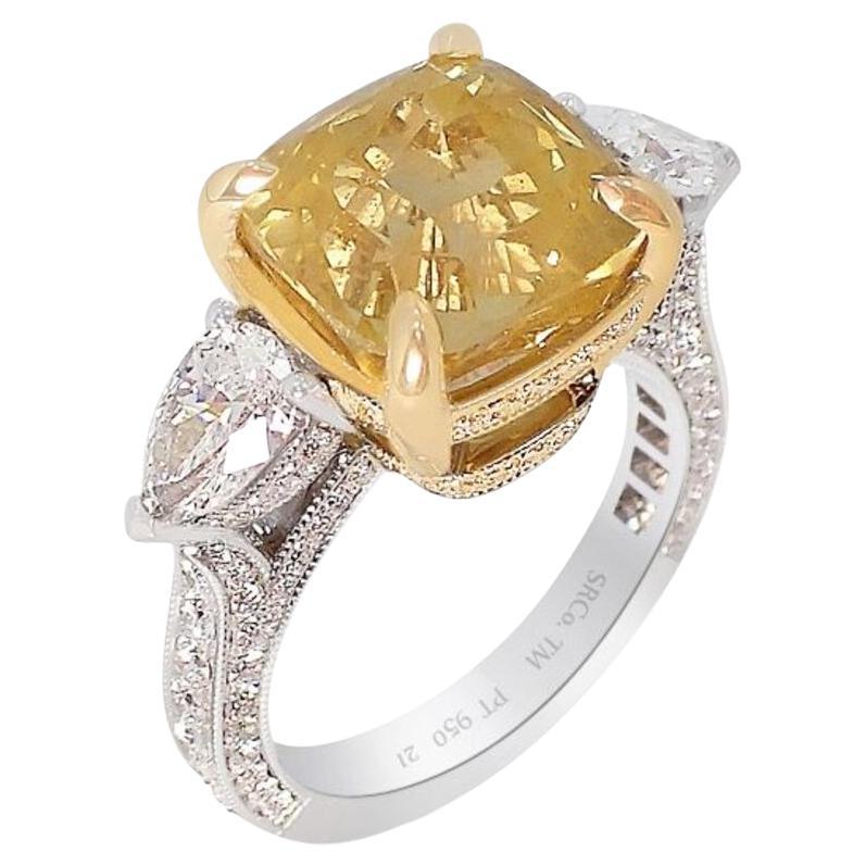 Yellow Sapphire Ring, 9.31ct Unheated Cushion Ceylon Sapphire Platinum Ring GIA