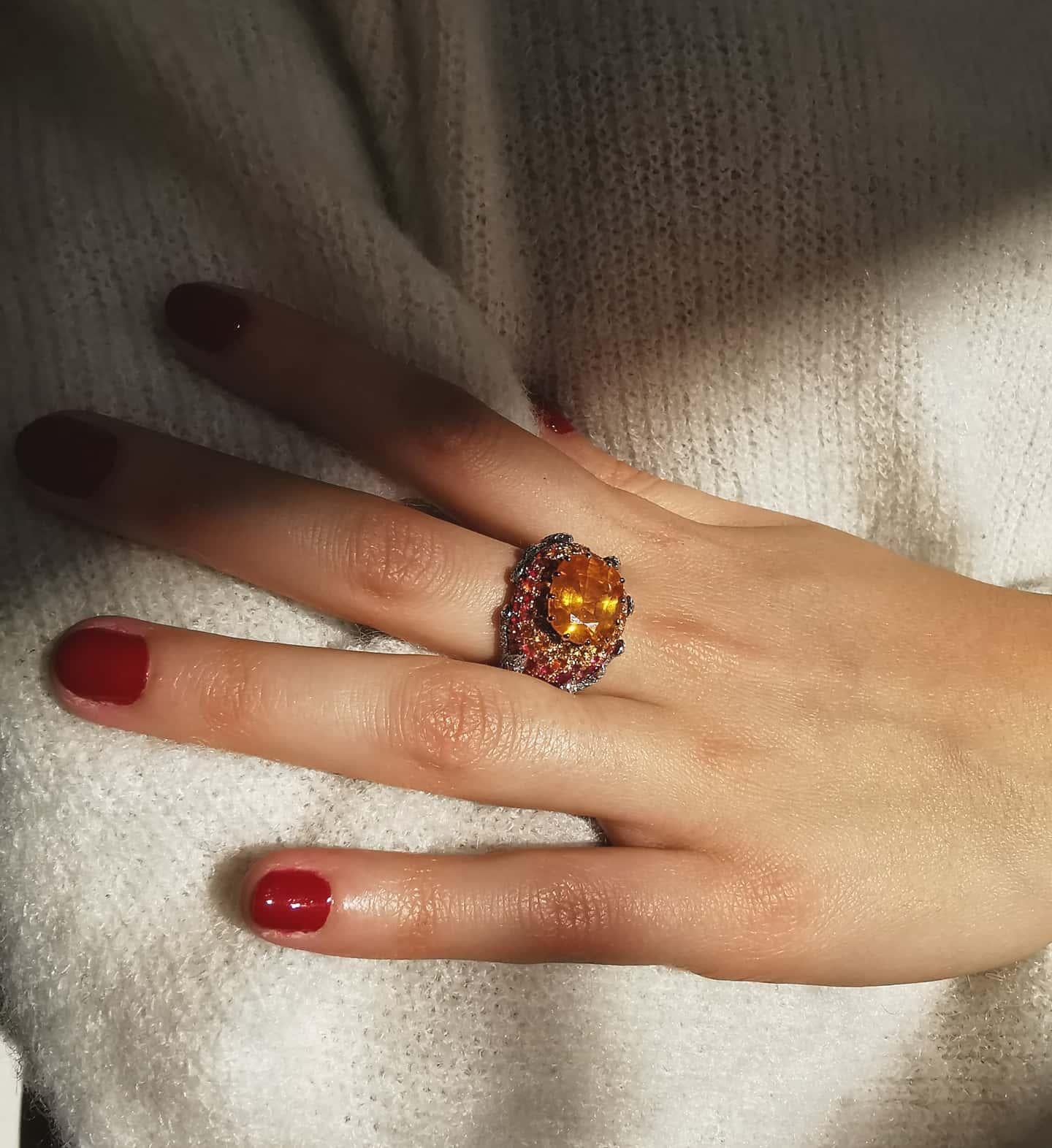 Baroque Revival Unique Ring Set With A Yellow Sapphire, Diamonds, Sapphires and Spinels. For Sale