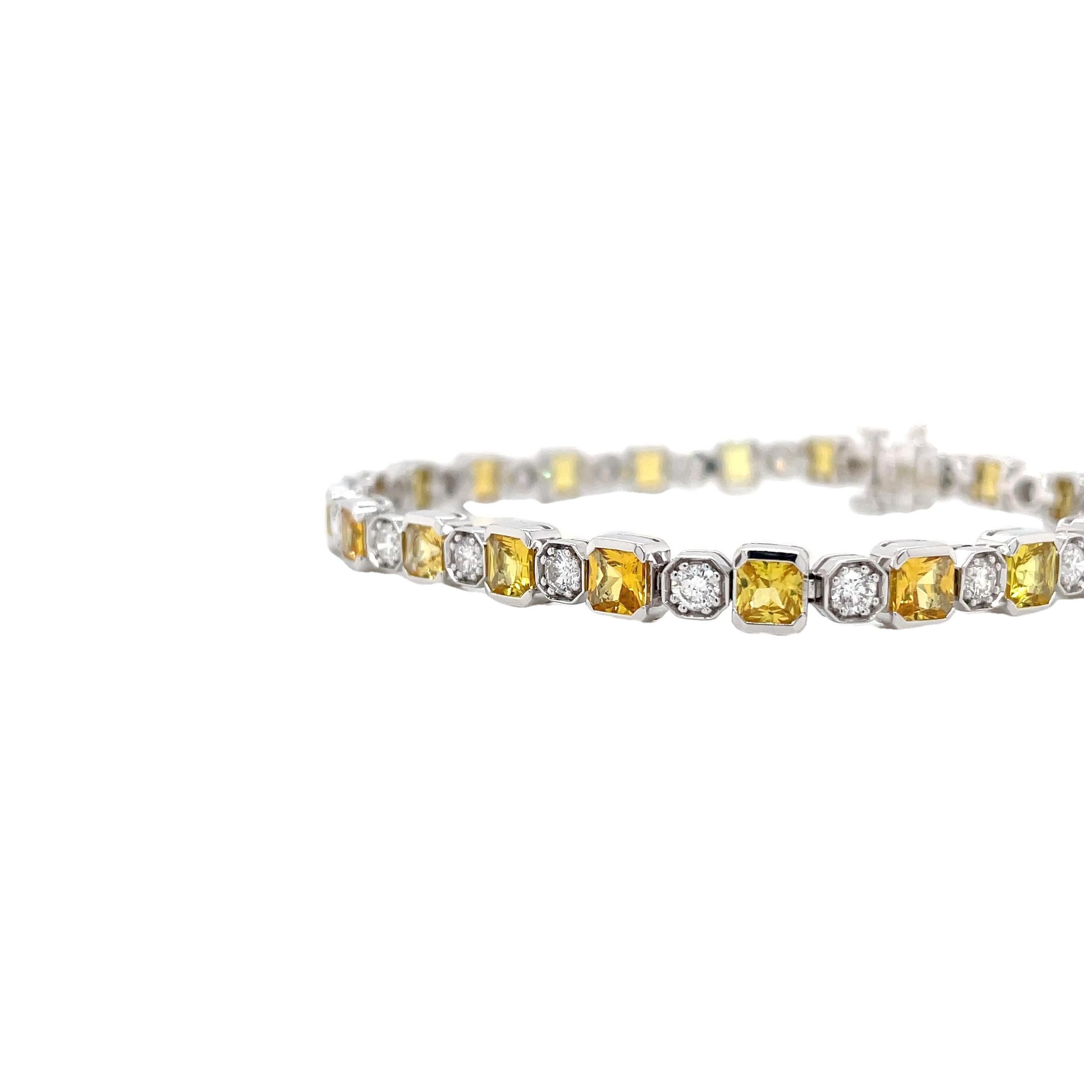 Bracelet contains 21 square radiant cut yellow sapphires, 7.75cts and 21 round brilliant diamonds, 1.75tcw. Yellow sapphires are mounted in bezel settings and accented by round brilliant diamonds in between. Diamonds are near colorless in color and