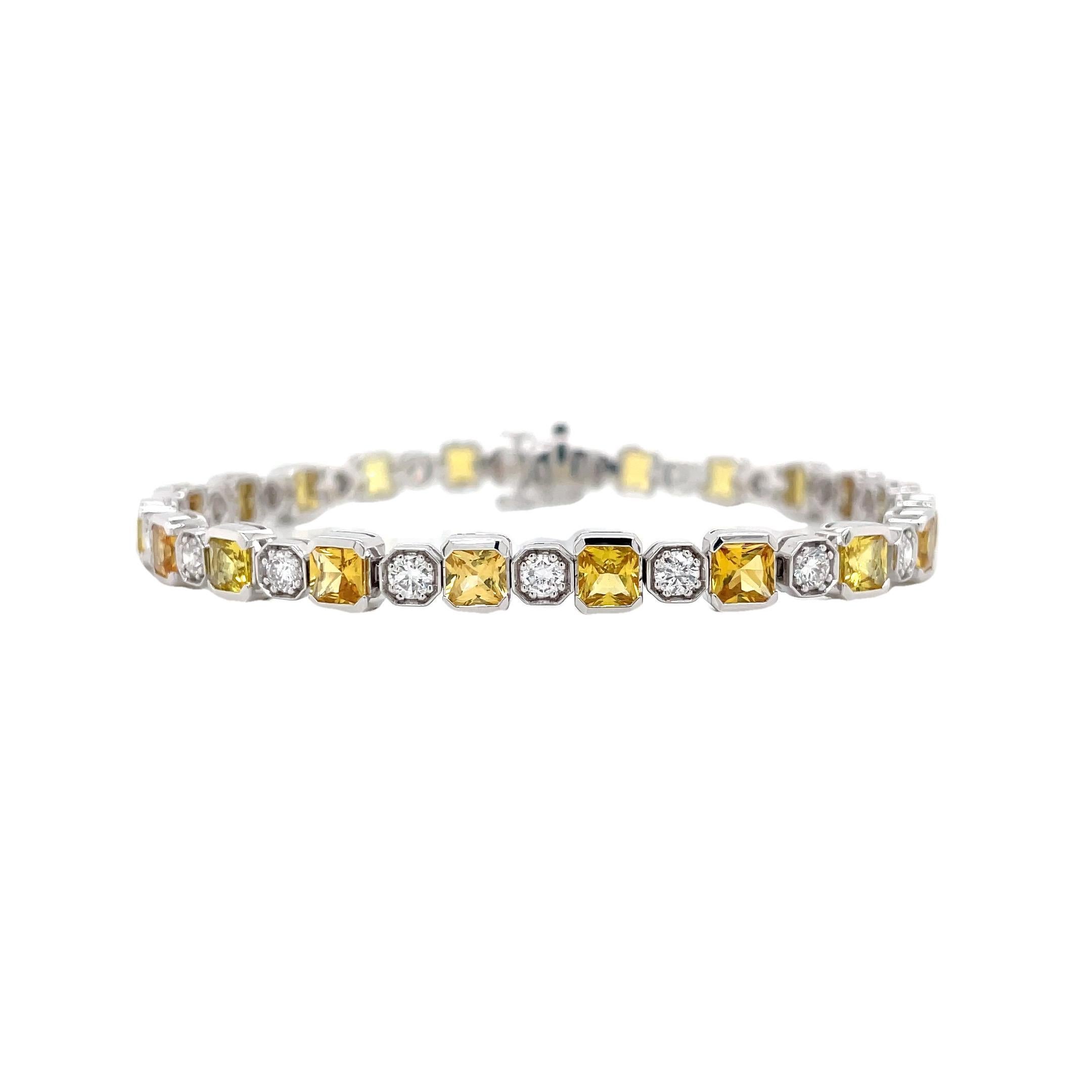 Radiant Cut Yellow Sapphire & Round Brilliant Diamond Bracelet in White Gold For Sale