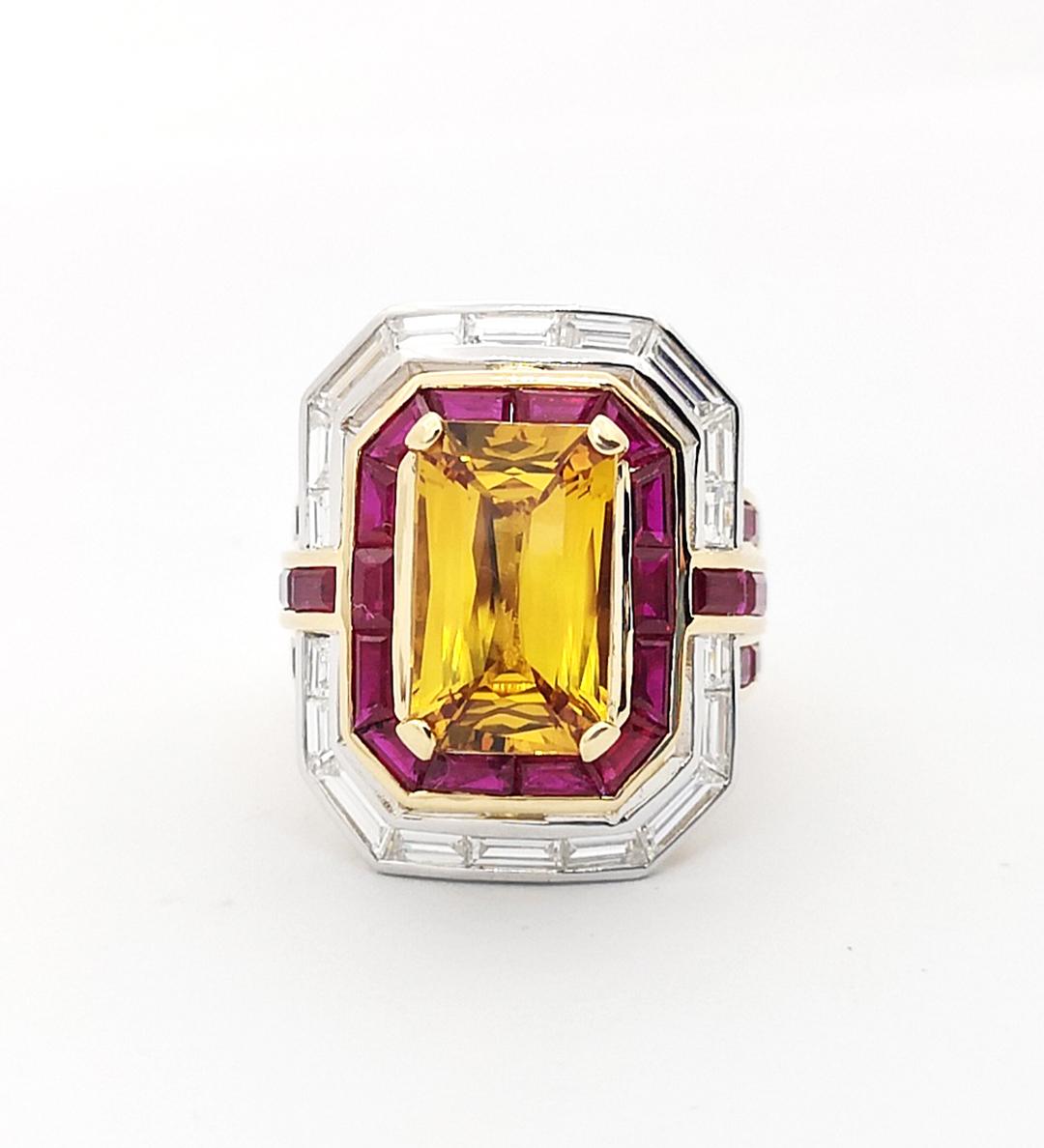 Ring mit gelbem Saphir, Rubin und Diamant in 18 Karat Gold gefasst 6
