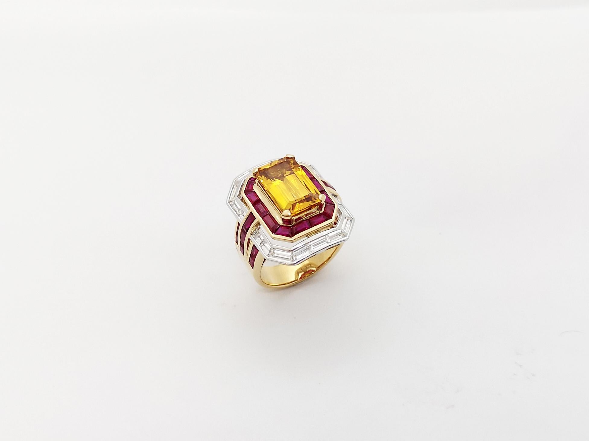 Ring mit gelbem Saphir, Rubin und Diamant in 18 Karat Gold gefasst 9
