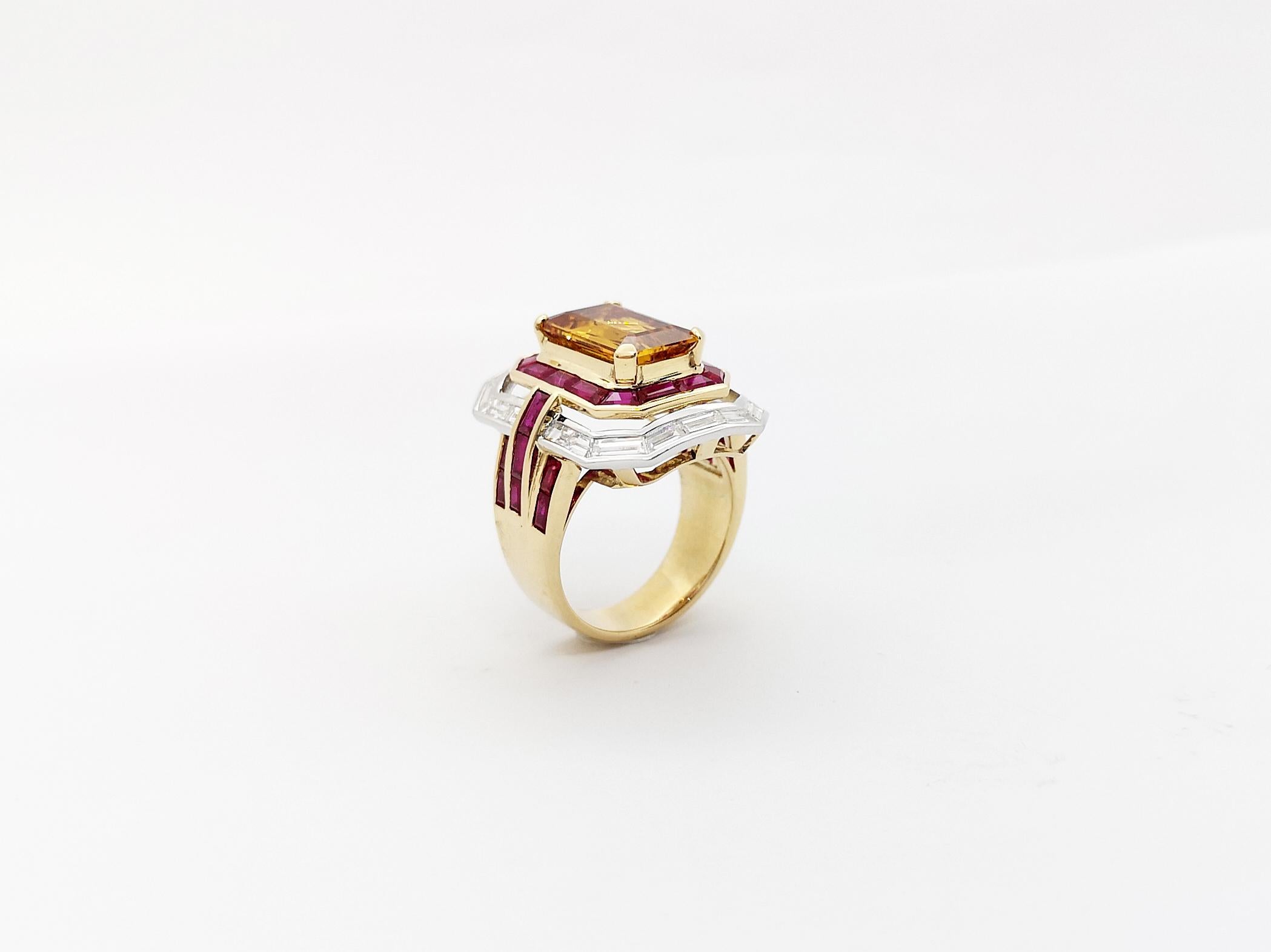 Ring mit gelbem Saphir, Rubin und Diamant in 18 Karat Gold gefasst 10