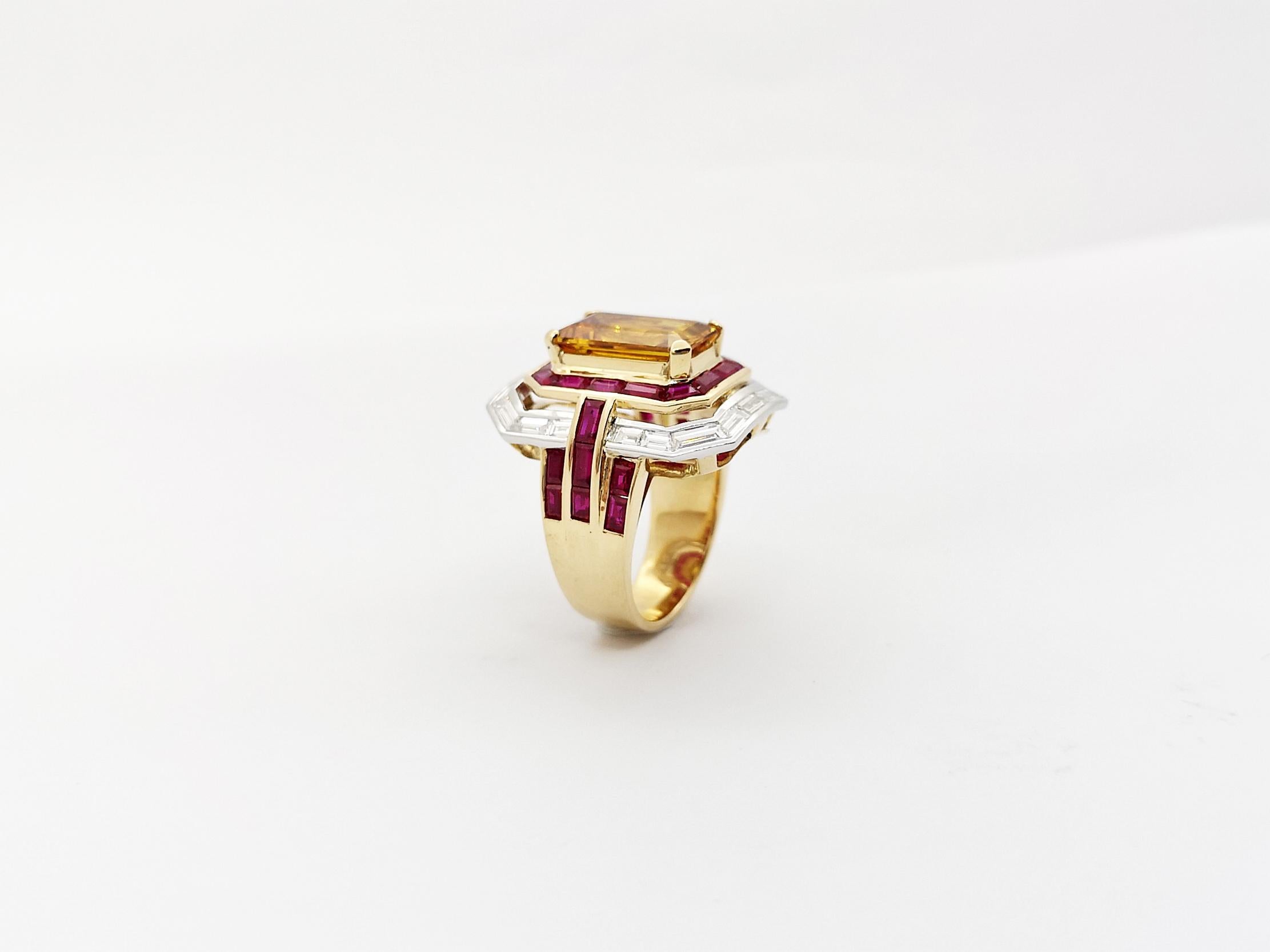Ring mit gelbem Saphir, Rubin und Diamant in 18 Karat Gold gefasst 11