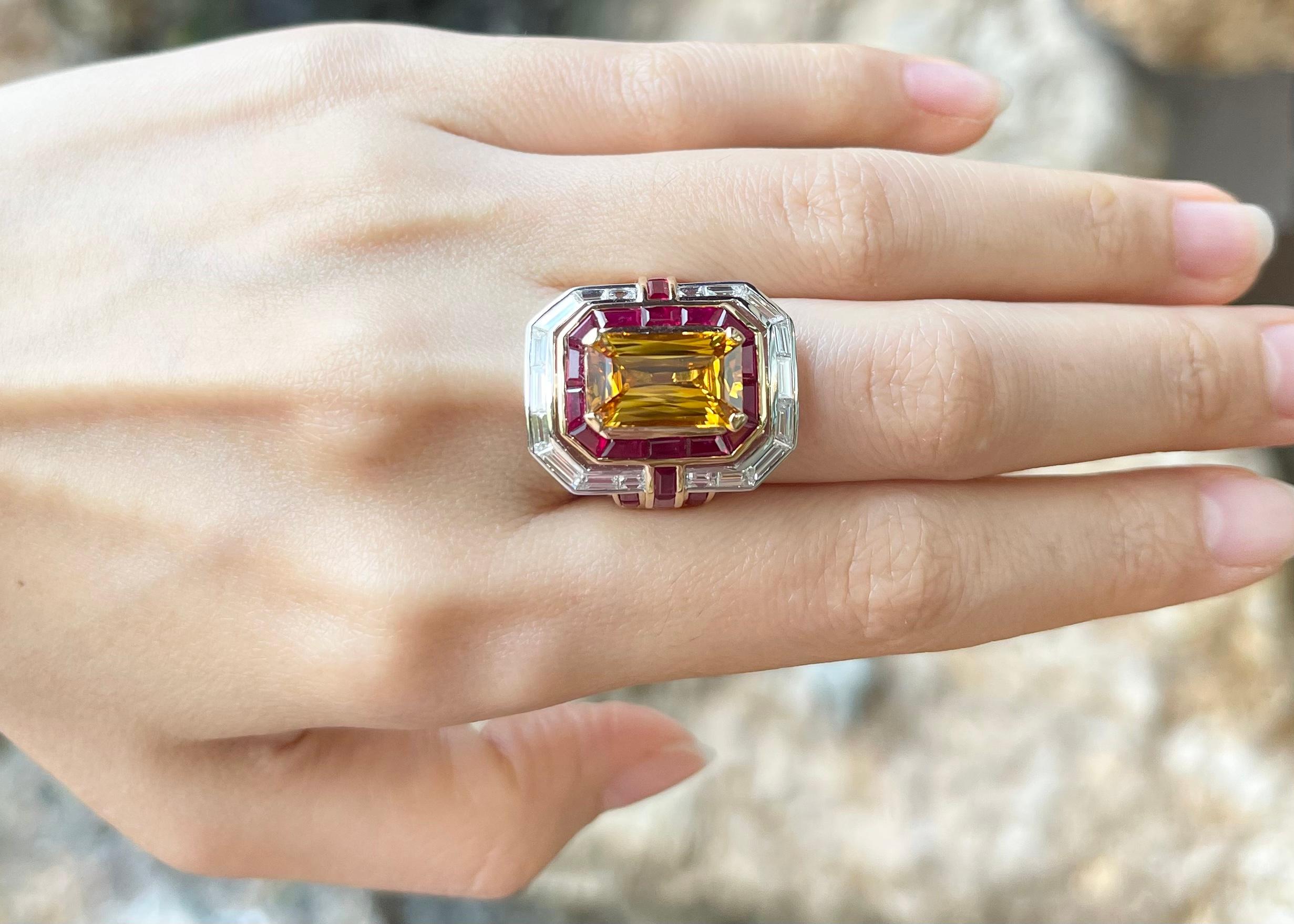 Ring mit gelbem Saphir, Rubin und Diamant in 18 Karat Gold gefasst 1