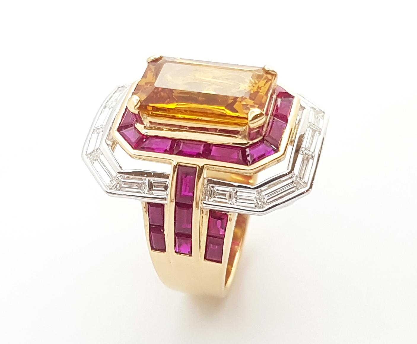 Ring mit gelbem Saphir, Rubin und Diamant in 18 Karat Gold gefasst 3