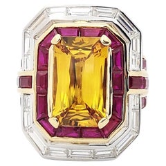 Ring mit gelbem Saphir, Rubin und Diamant in 18 Karat Gold gefasst