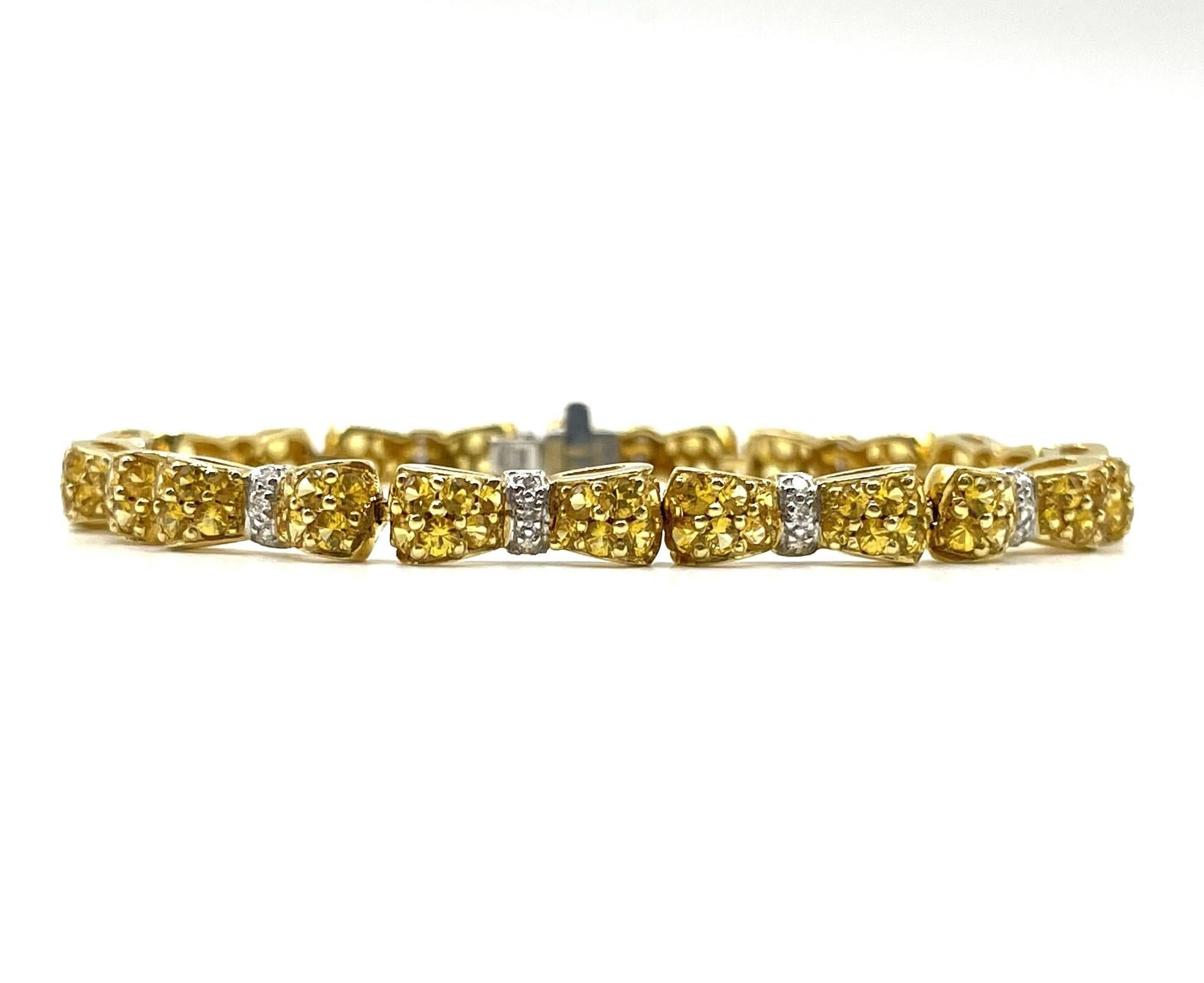 Round Cut Yellow Sapphire & White Diamond Bow Tie Bracelet in 18 Karat Yellow Gold For Sale