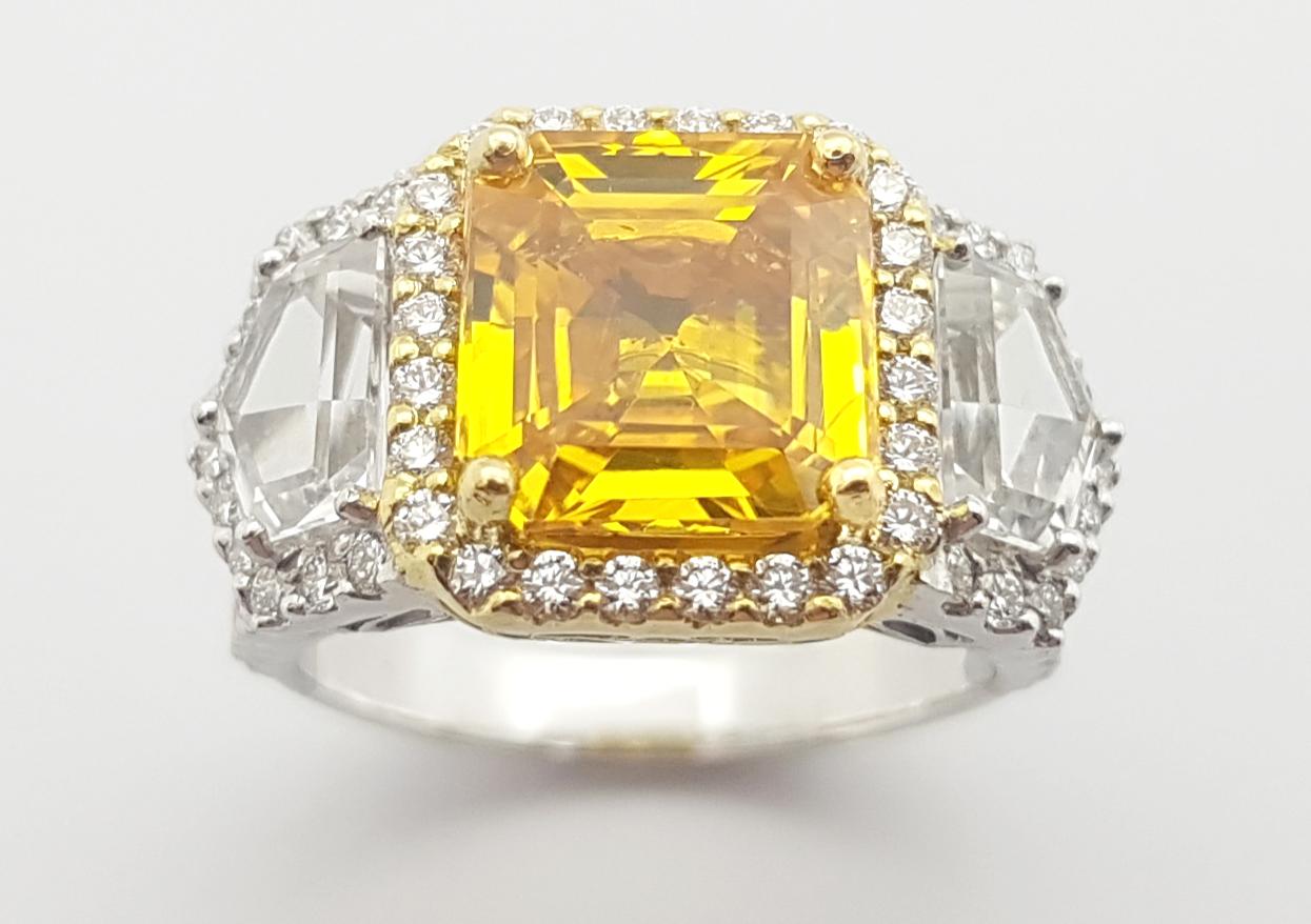 Yellow Sapphire, White Sapphire and Diamond Ring Set in 18k White Gold Settings For Sale 4