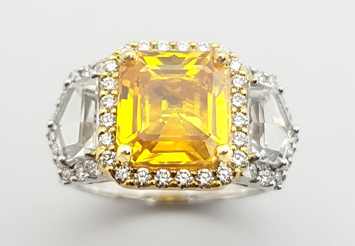 Yellow Sapphire, White Sapphire and Diamond Ring Set in 18k White Gold Settings For Sale 5