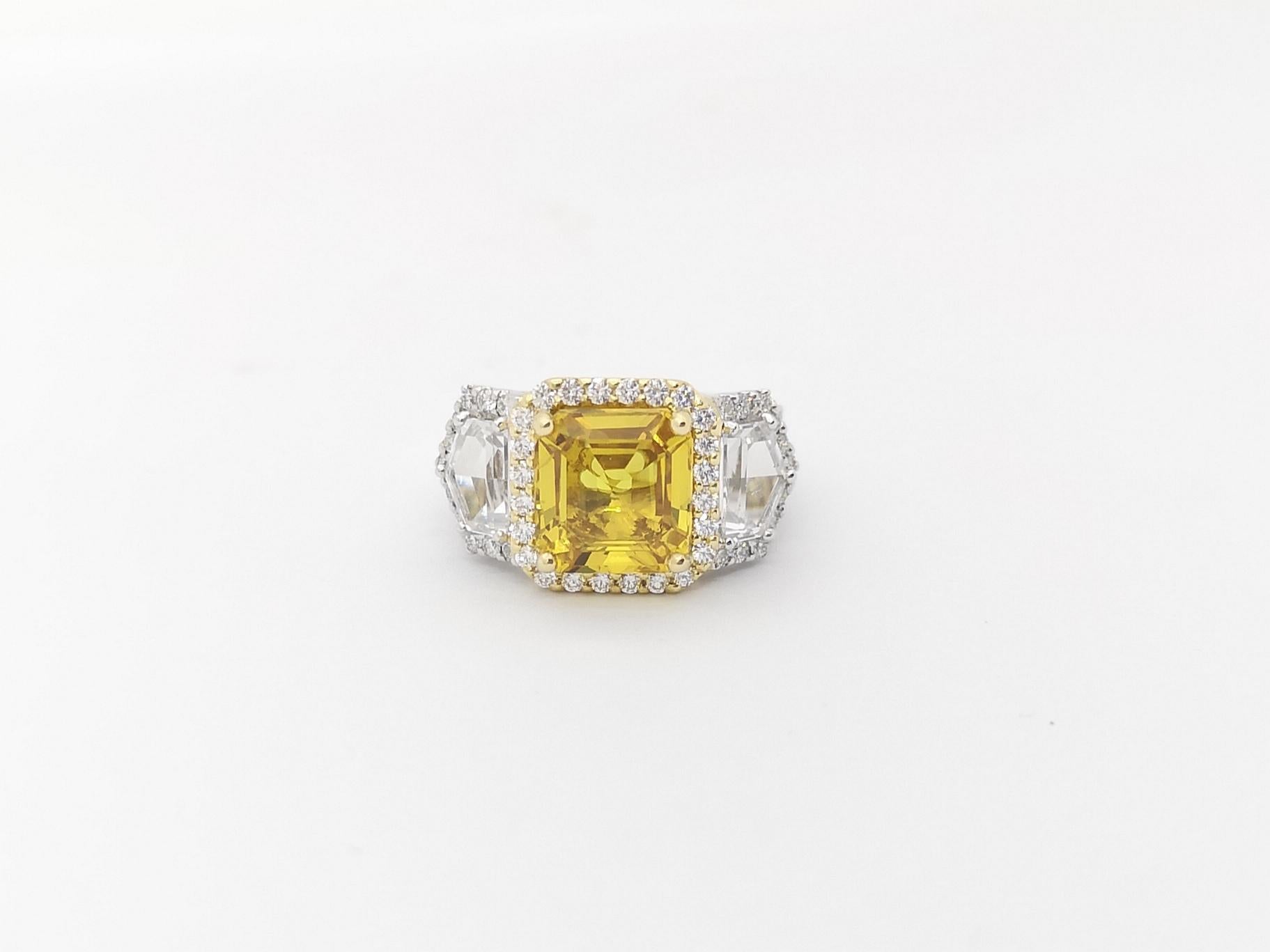Yellow Sapphire, White Sapphire and Diamond Ring Set in 18k White Gold Settings For Sale 6