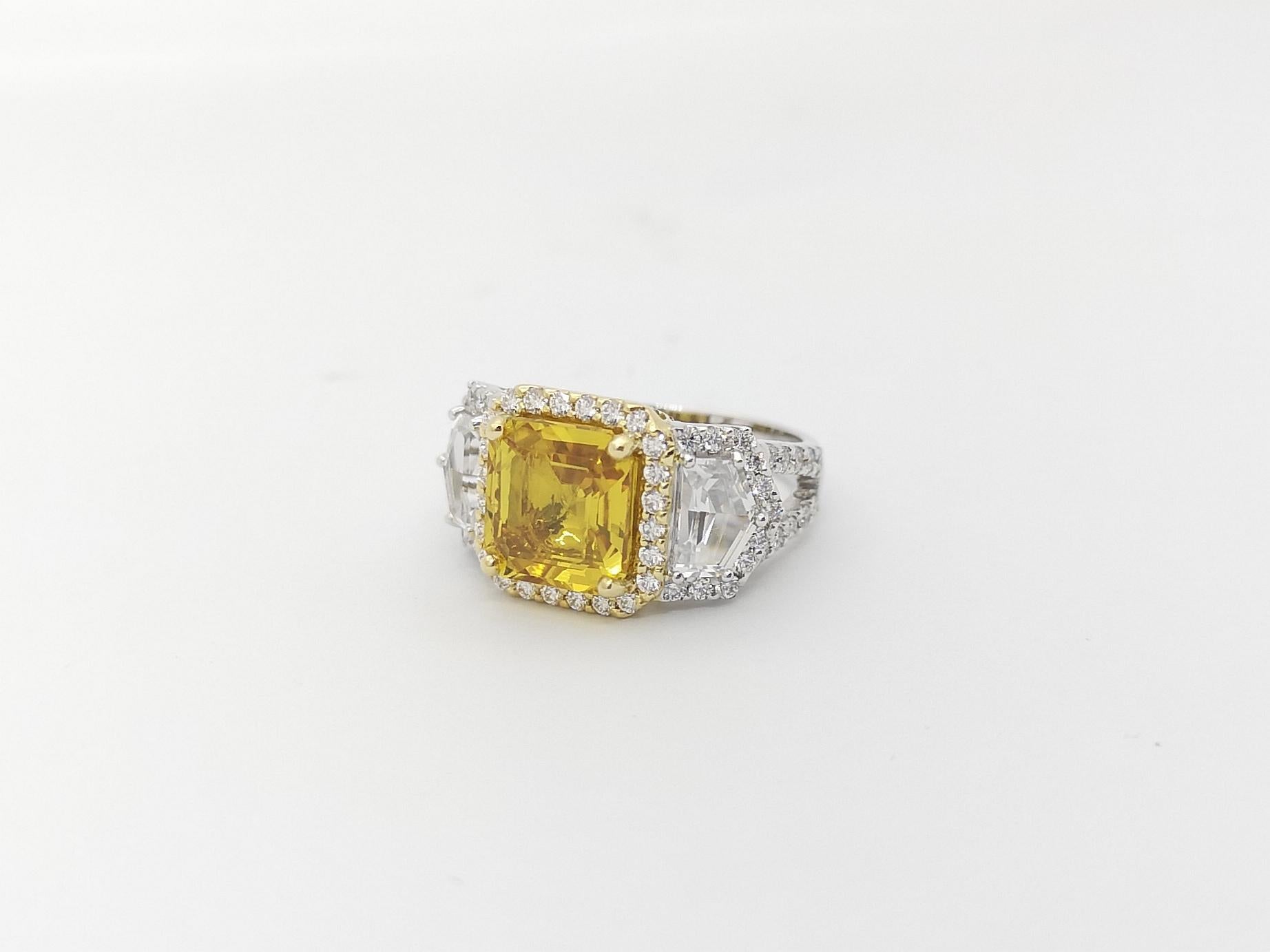 Yellow Sapphire, White Sapphire and Diamond Ring Set in 18k White Gold Settings For Sale 7