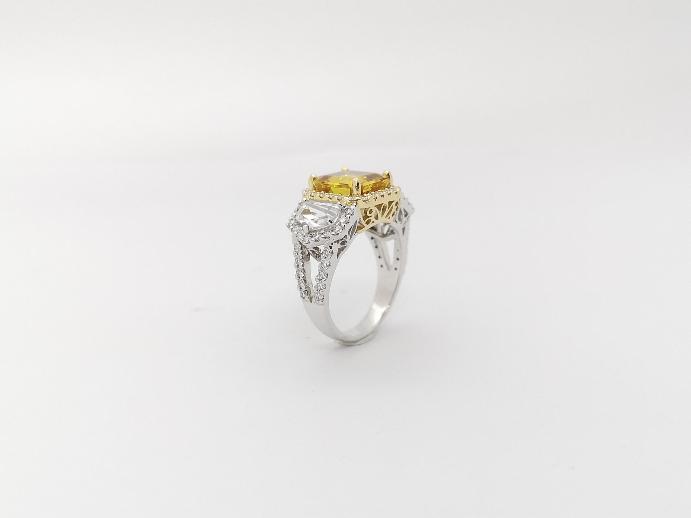 Yellow Sapphire, White Sapphire and Diamond Ring Set in 18k White Gold Settings For Sale 10