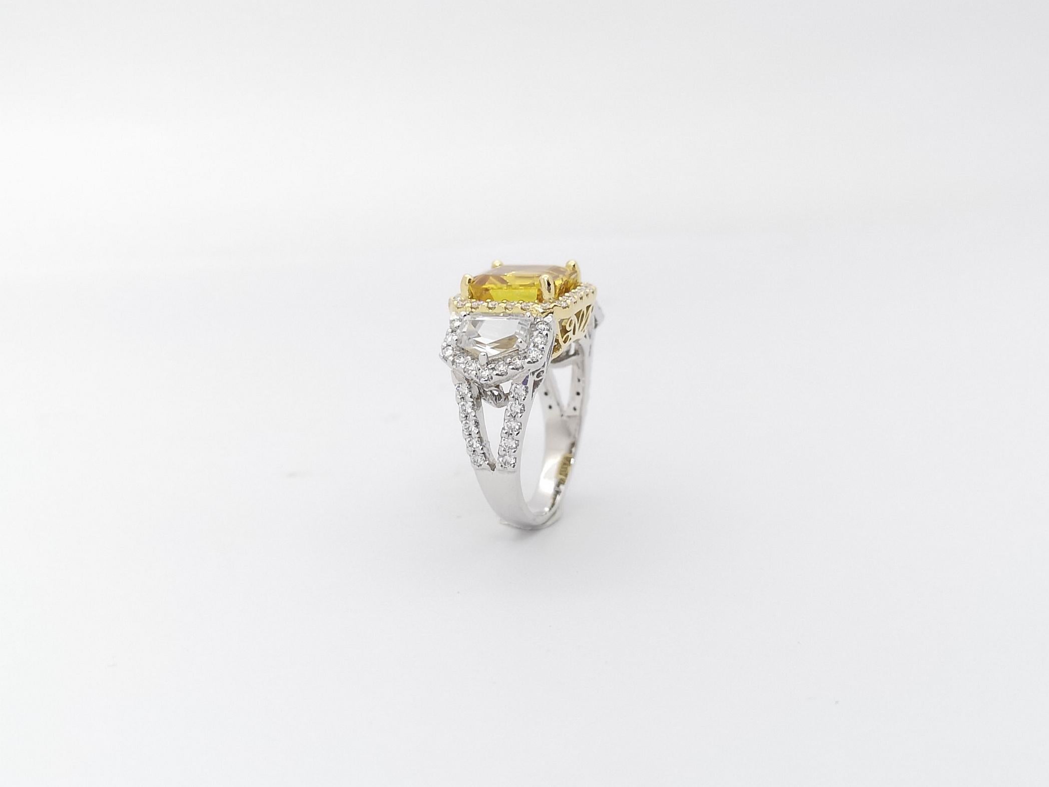 Yellow Sapphire, White Sapphire and Diamond Ring Set in 18k White Gold Settings For Sale 12