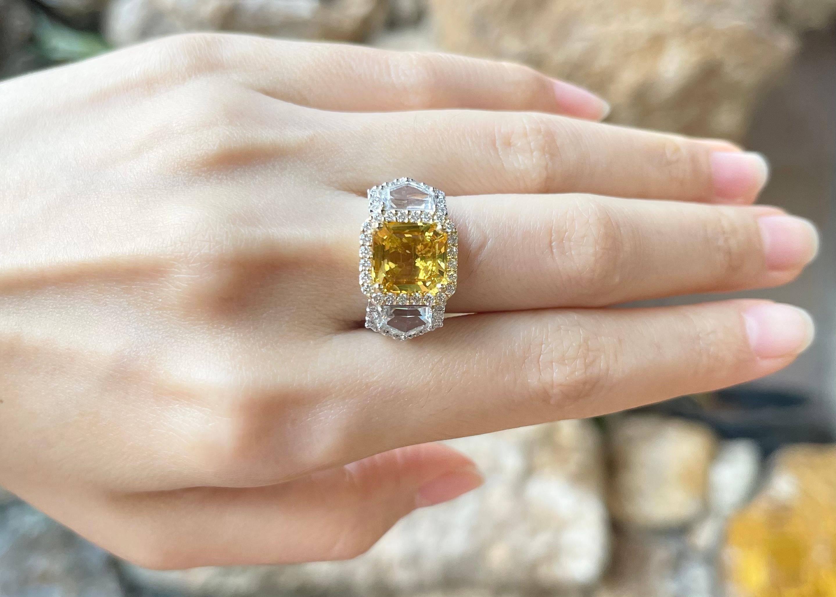 Contemporary Yellow Sapphire, White Sapphire and Diamond Ring Set in 18k White Gold Settings For Sale