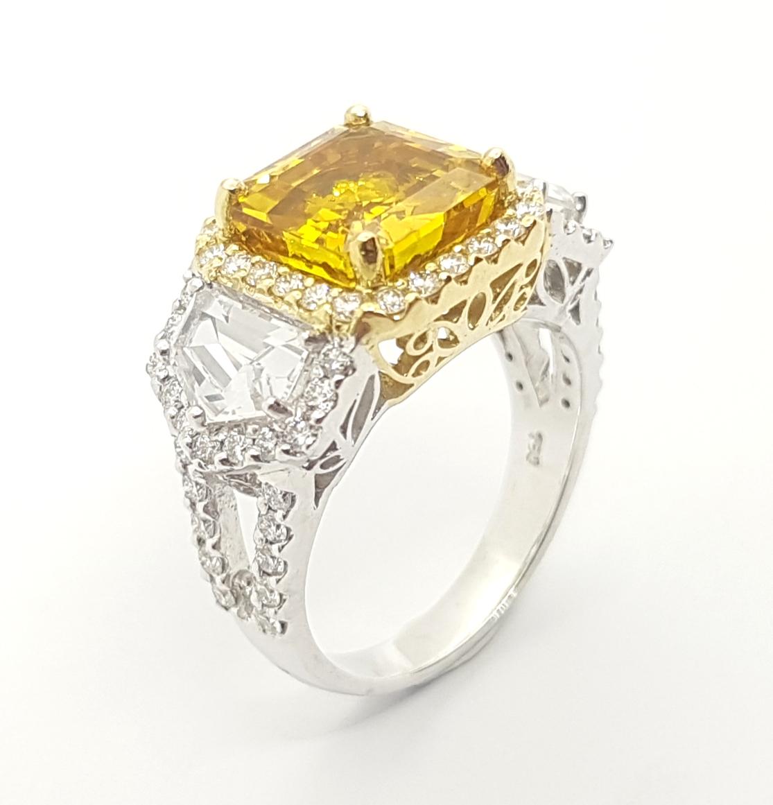 Yellow Sapphire, White Sapphire and Diamond Ring Set in 18k White Gold Settings For Sale 3