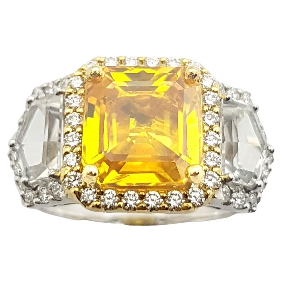 Yellow Sapphire, White Sapphire and Diamond Ring Set in 18k White Gold Settings For Sale