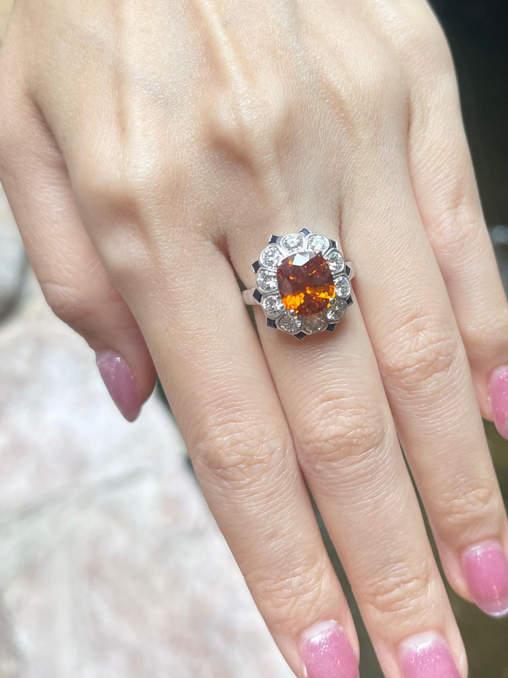 Cushion Cut Yellow Sapphire with Blue Sapphire and Diamond Ring set in 18K white Gold Set For Sale