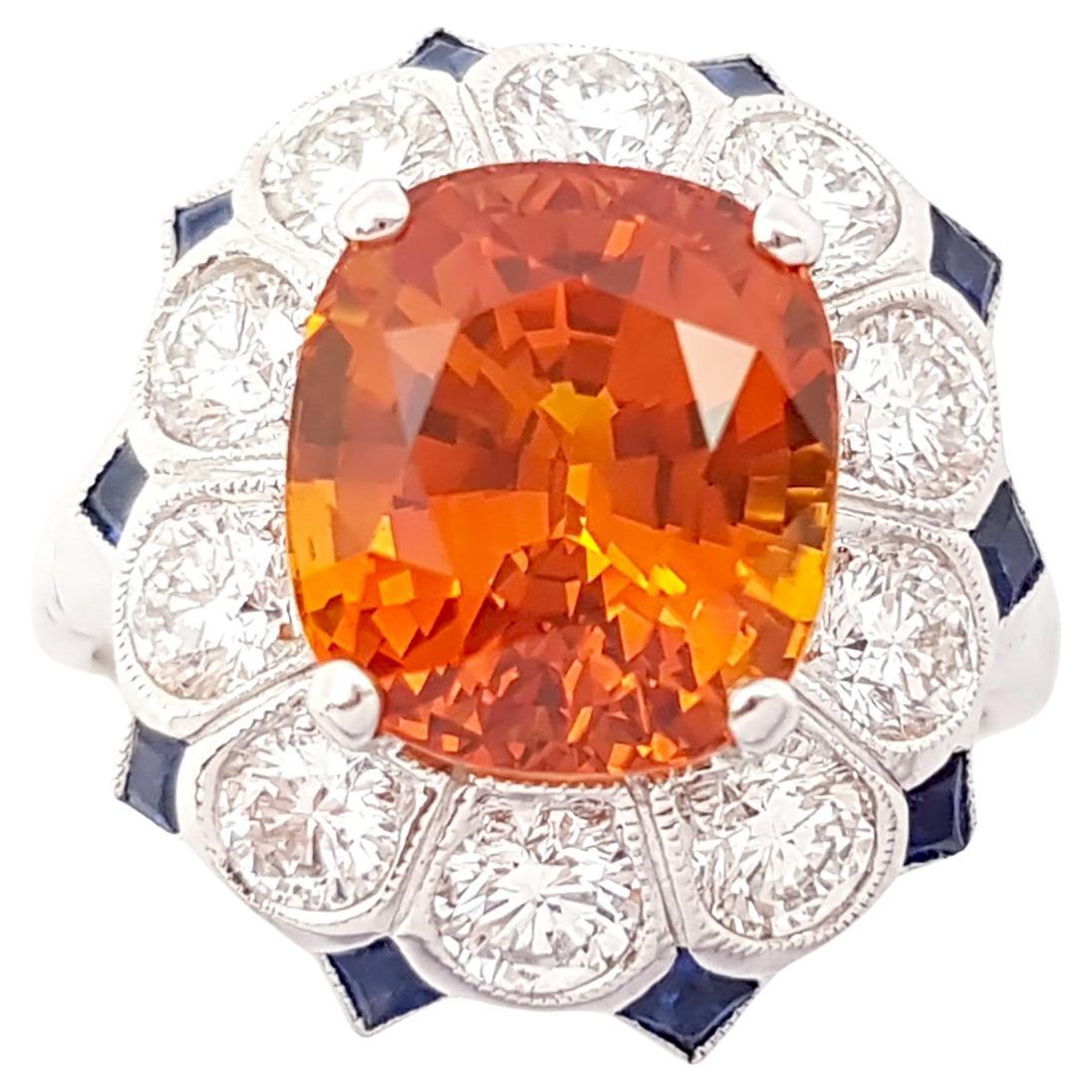 Yellow Sapphire with Blue Sapphire and Diamond Ring set in 18K white Gold Set For Sale