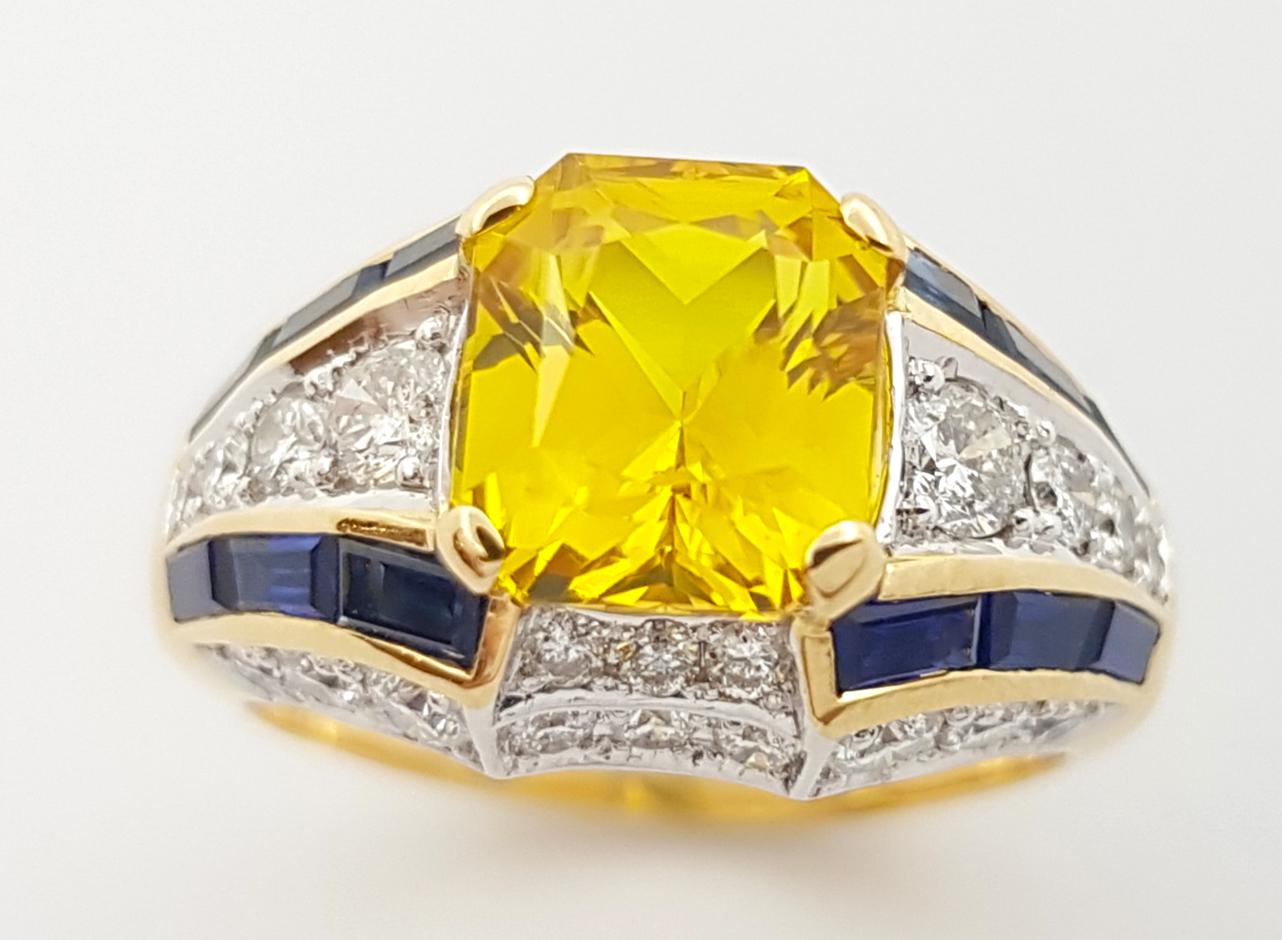 Yellow Sapphire with Blue Sapphire and Diamond Ring set in 18K Yellow/White Gold For Sale 9