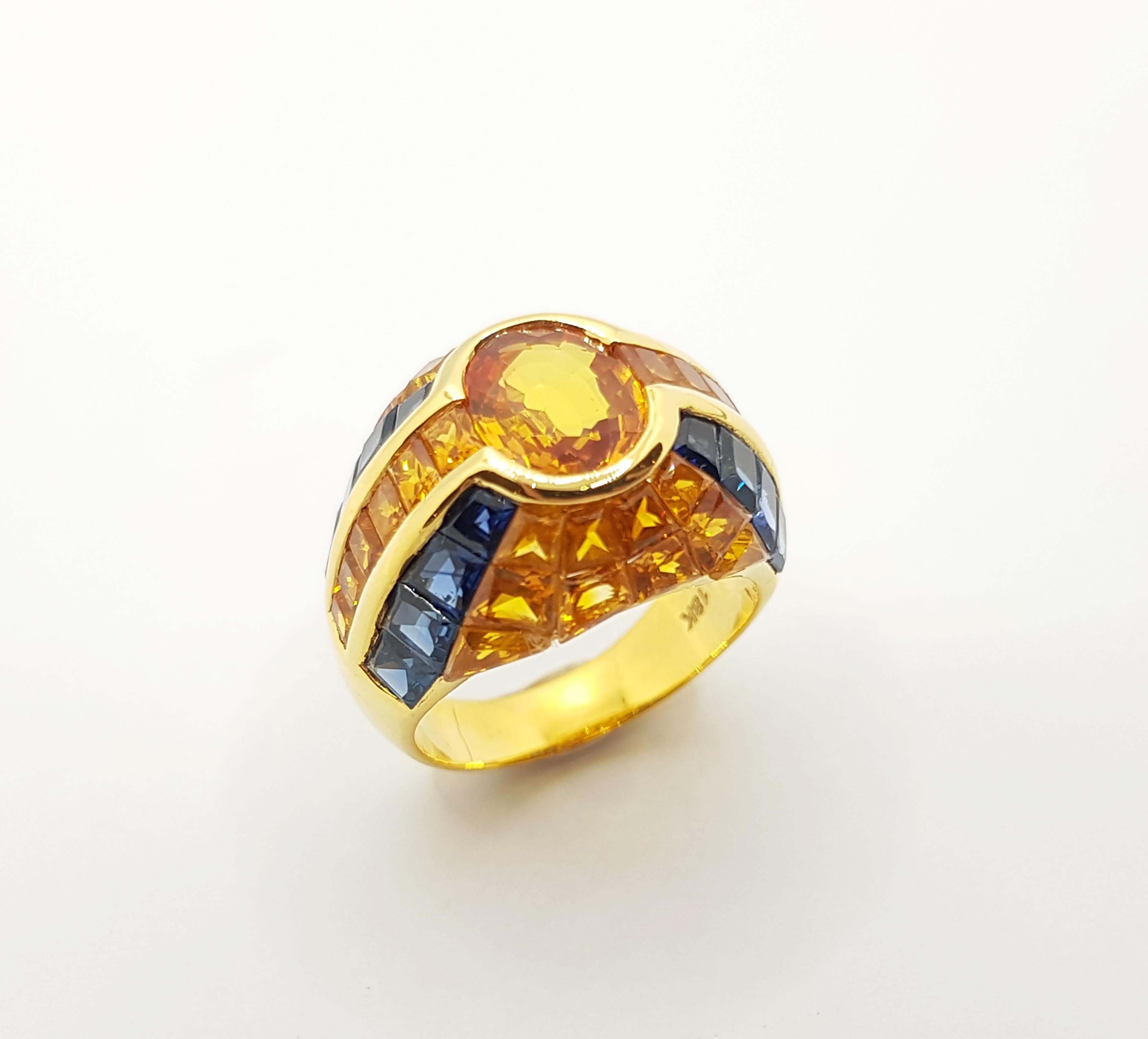 Yellow Sapphire with Blue Sapphire Ring Set in 18 Karat Gold Settings For Sale 3