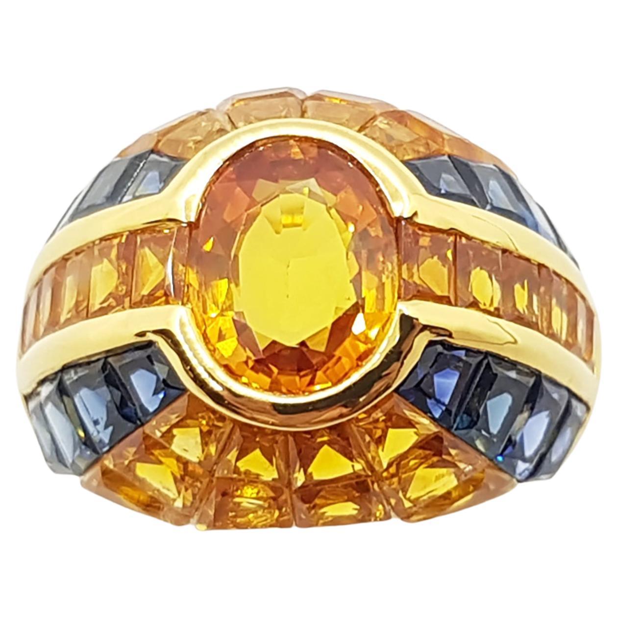 Yellow Sapphire with Blue Sapphire Ring Set in 18 Karat Gold Settings For Sale