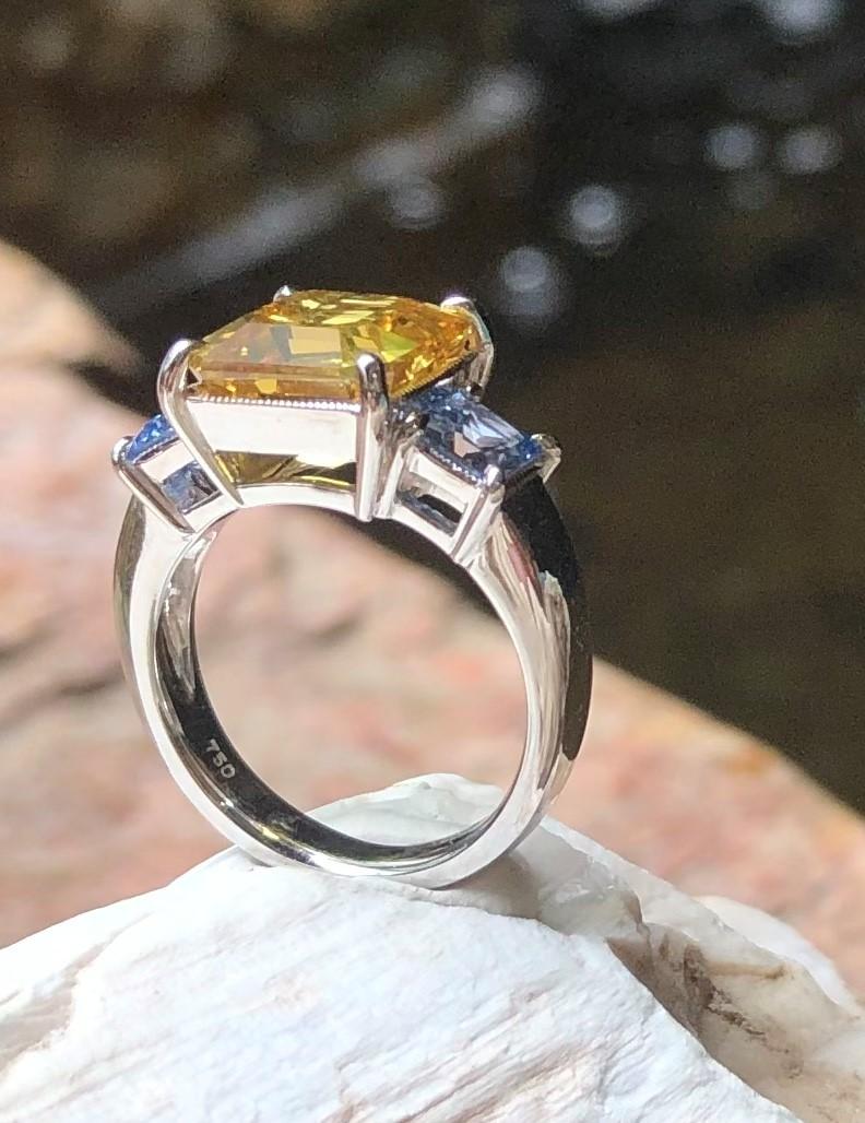 Yellow Sapphire with Blue Sapphire Ring Set in 18 Karat White Gold Settings For Sale 9