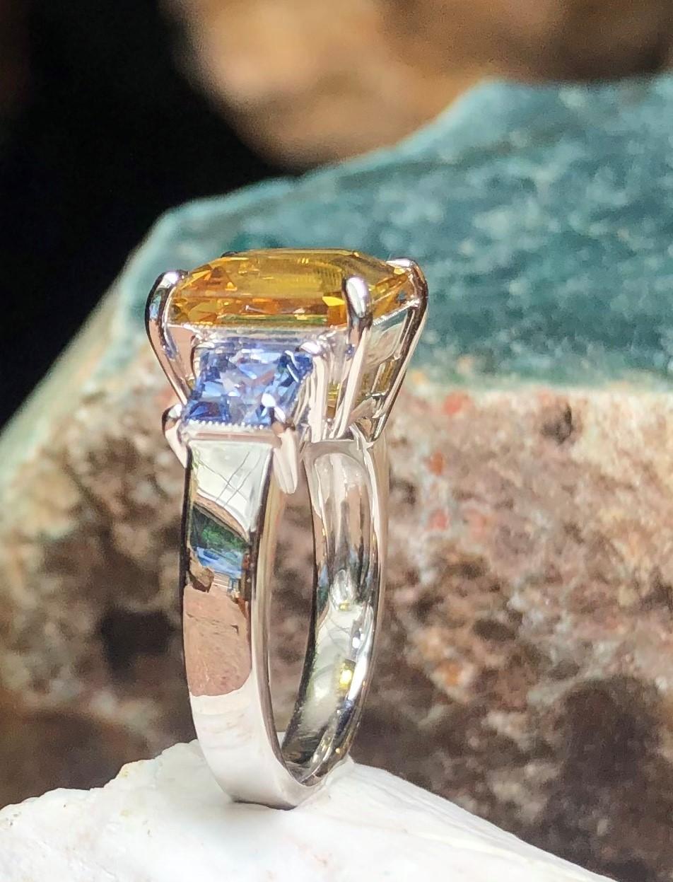Yellow Sapphire with Blue Sapphire Ring Set in 18 Karat White Gold Settings For Sale 12