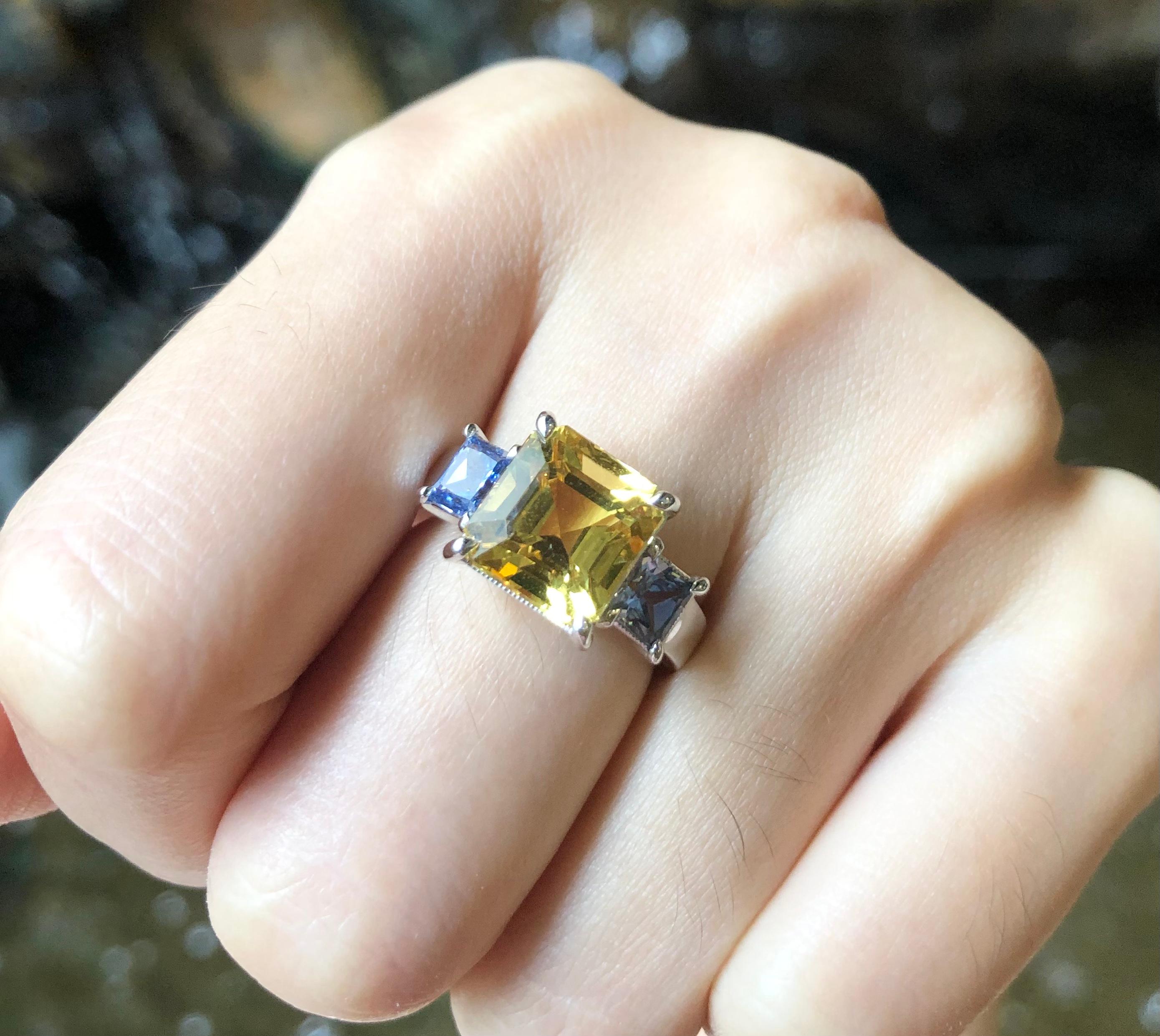 Yellow Sapphire with Blue Sapphire Ring Set in 18 Karat White Gold Settings For Sale 1