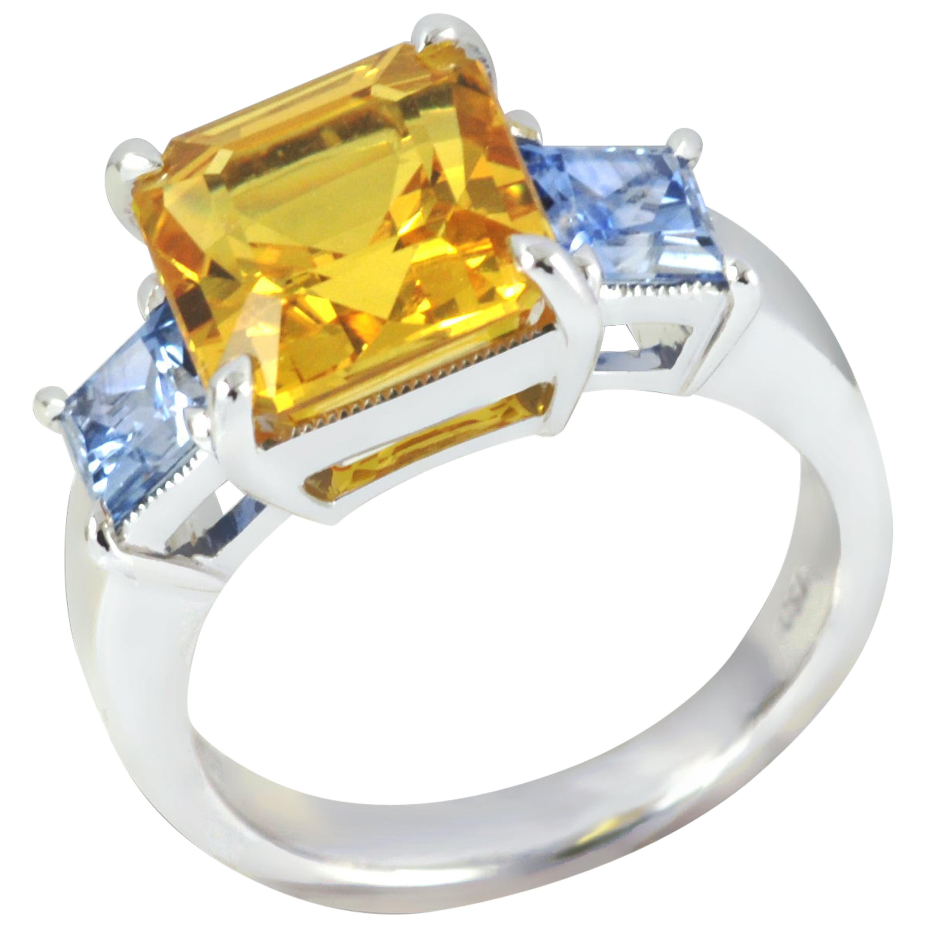 Yellow Sapphire with Blue Sapphire Ring Set in 18 Karat White Gold Settings For Sale