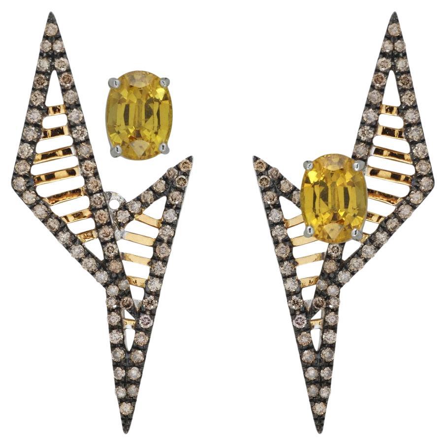 Yellow Sapphire 4.0 carats with Brown Diamond 1.22 carats Earrings set in 18 Karat Gold Settings

Width:  1.8 cm 
Length:  4.0 cm
Total Weight: 11.1 grams

