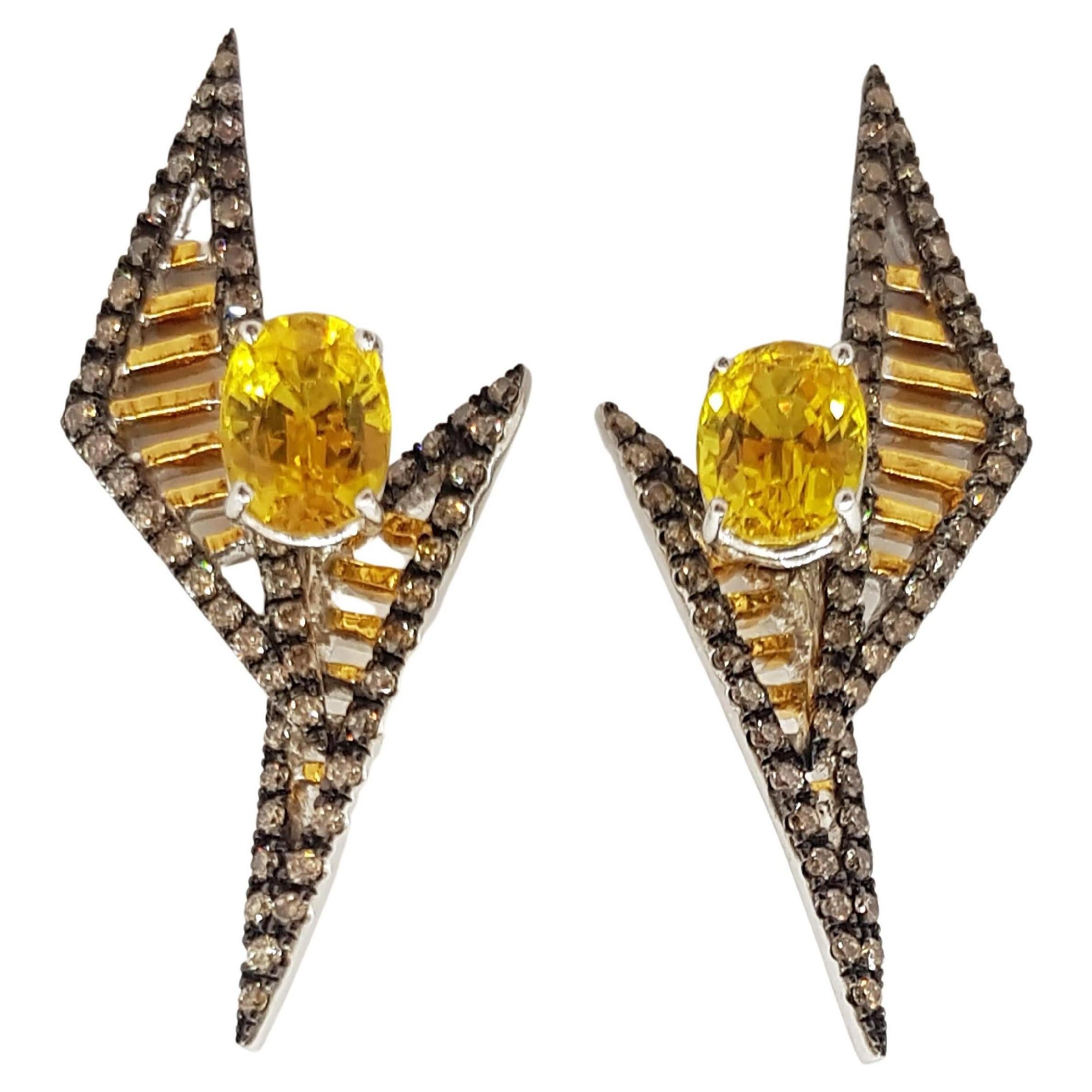 Contemporary Yellow Sapphire with Brown Diamond Earrings Set in 18K Gold by Kavant & Sharart For Sale