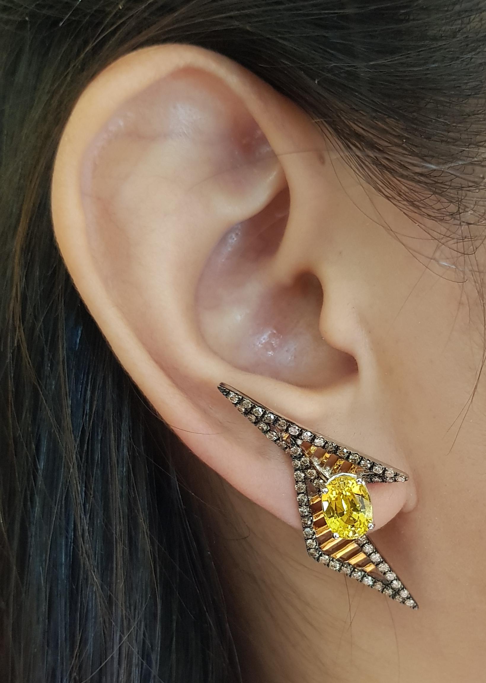 Yellow Sapphire 4.0 carats with Brown Diamond 1.22 carats Earrings set in 18 Karat Gold Settings

Width:  1.8 cm 
Length:  4.0 cm
Total Weight: 11.1 grams

The ancient Japanese tradition of paper folding has inspired the form and elements of this