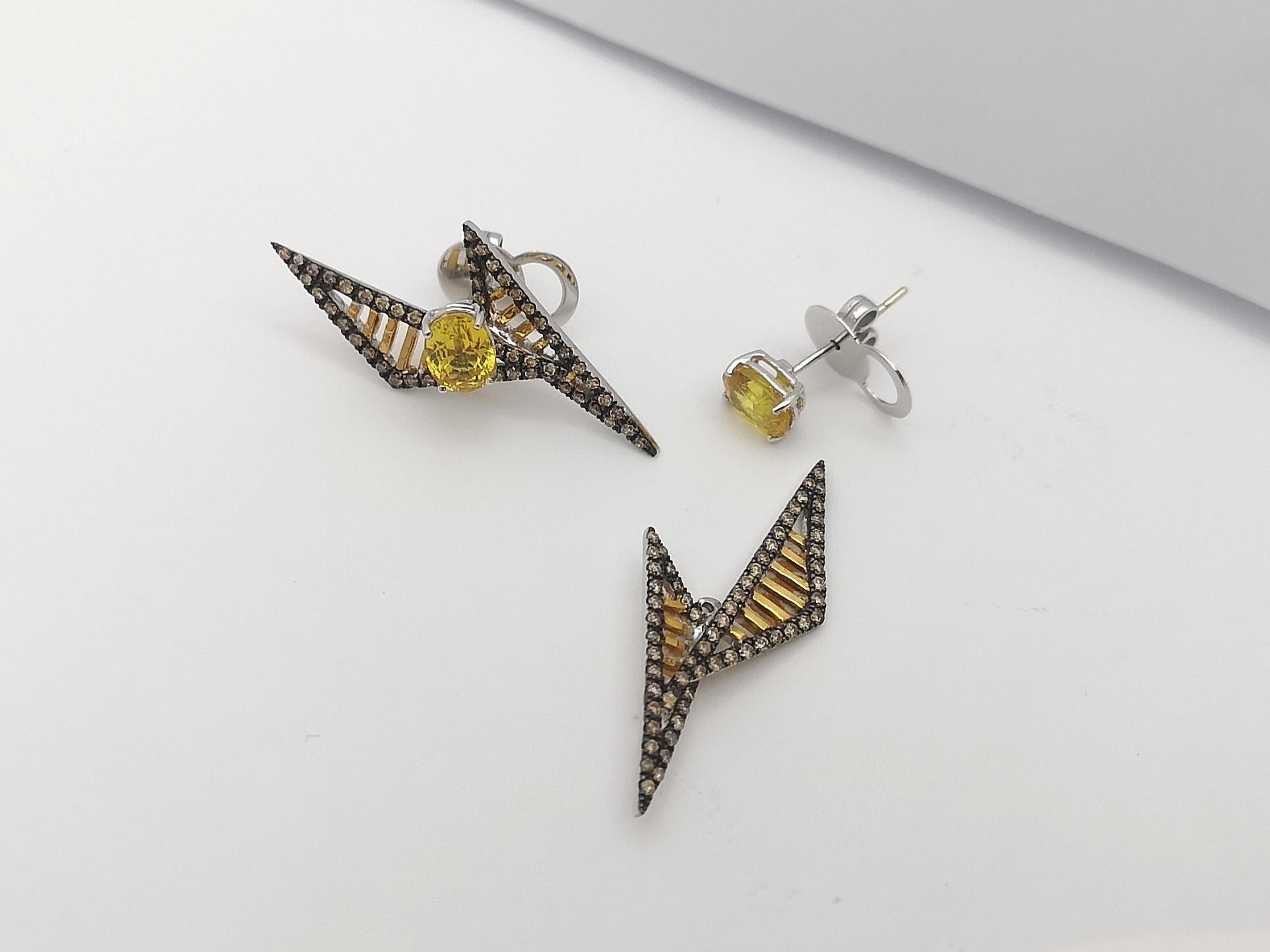 Taille ovale Boucles d'oreilles en saphir jaune et diamant brun montées sur or 18 carats en vente