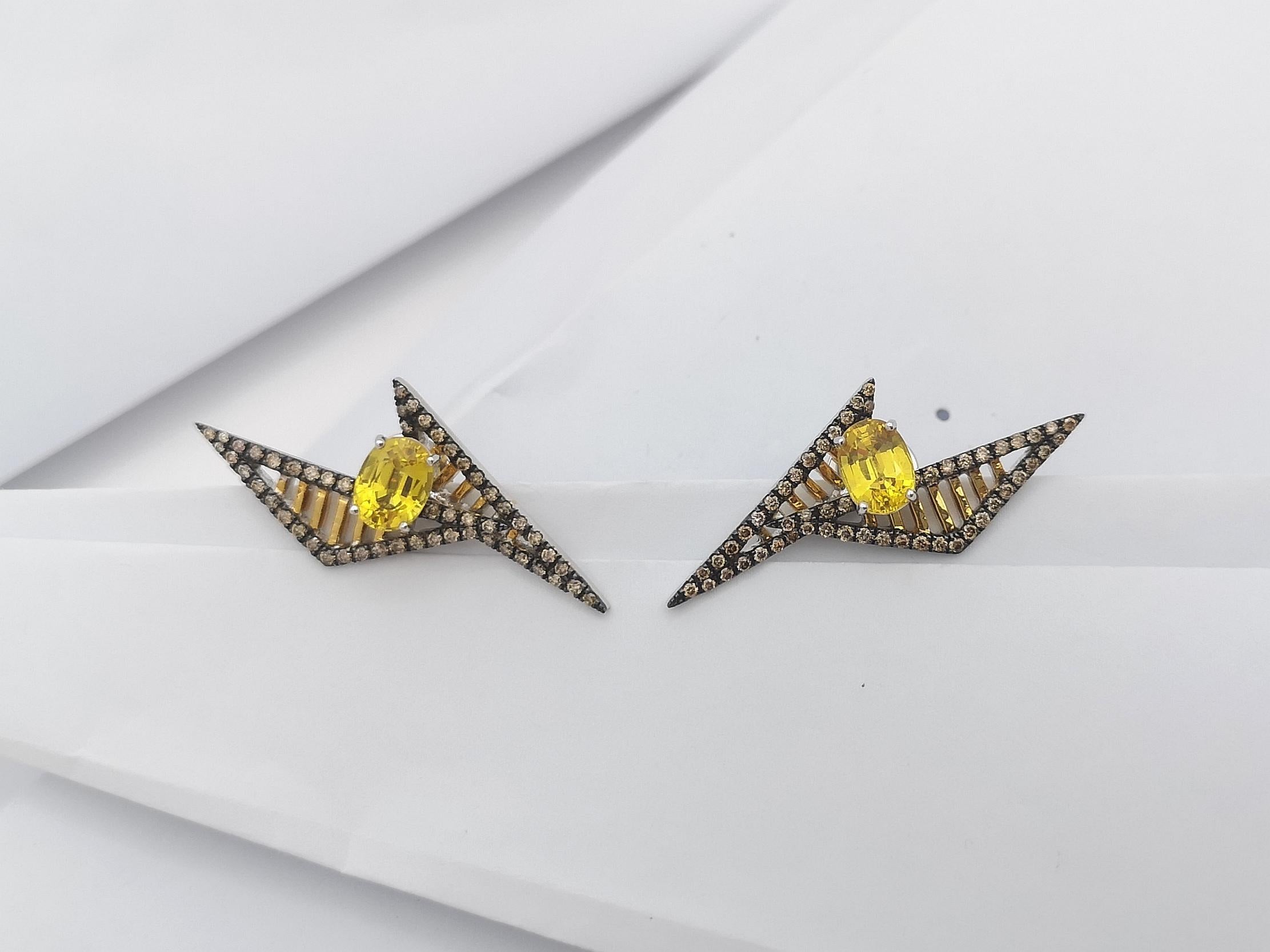 Yellow Sapphire with Brown Diamond Earrings Set in 18k Gold Settings For Sale 1