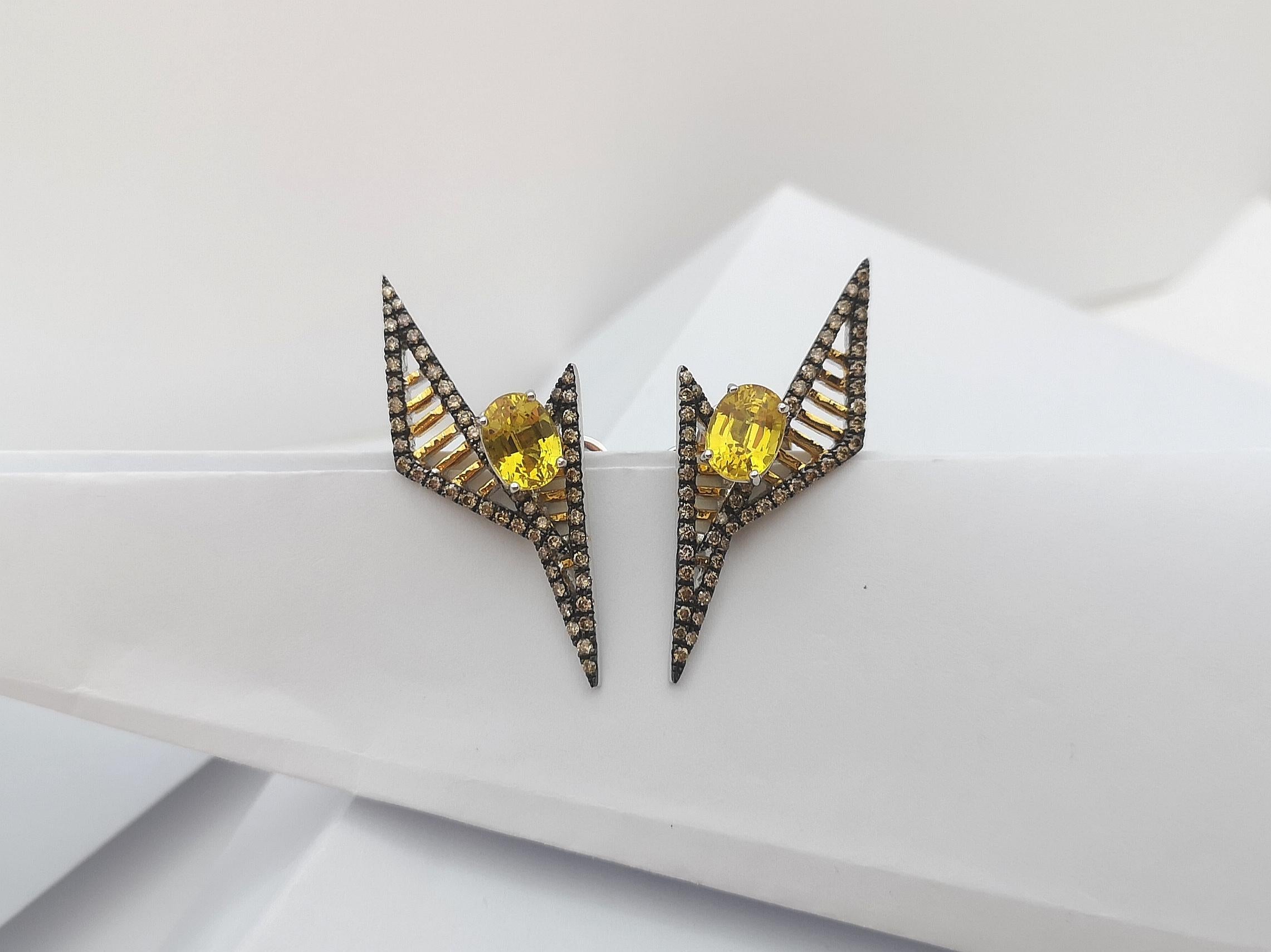 Yellow Sapphire with Brown Diamond Earrings Set in 18k Gold Settings For Sale 2