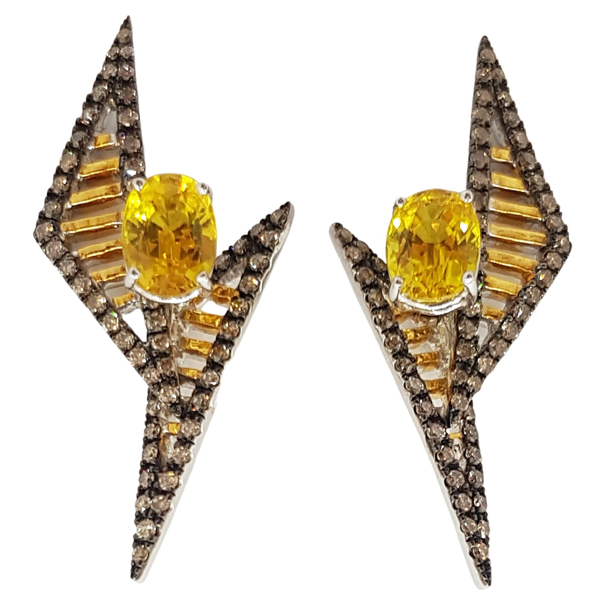 Yellow Sapphire with Brown Diamond Earrings Set in 18k Gold Settings For Sale