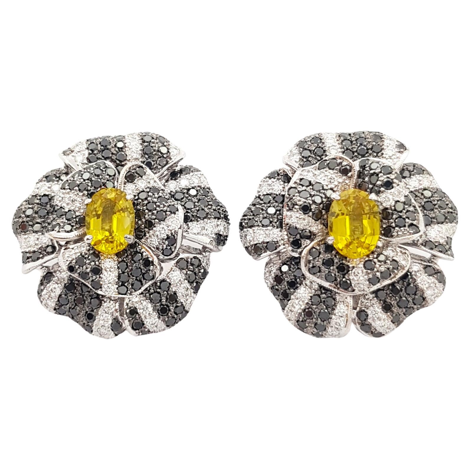 Yellow Sapphire with Diamond and Black Diamond Flower Earrings in 18K White Gold