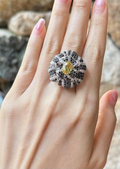 Yellow Sapphire with Diamond and Black Diamond Ring set in 18K White Gold