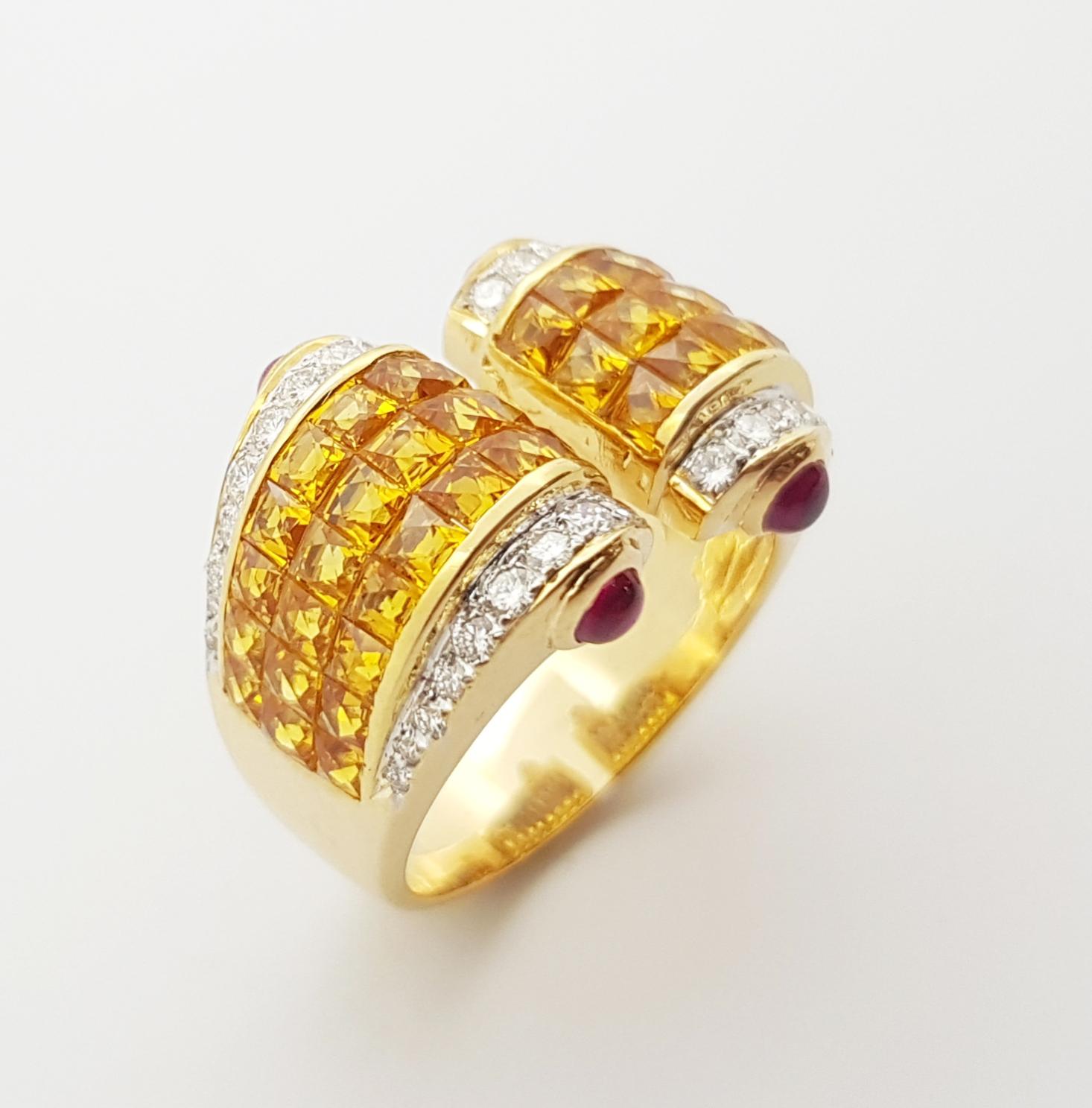 Yellow Sapphire with Diamond and Cabochon Ruby Ring Set in 18 Karat Gold Setting For Sale 2
