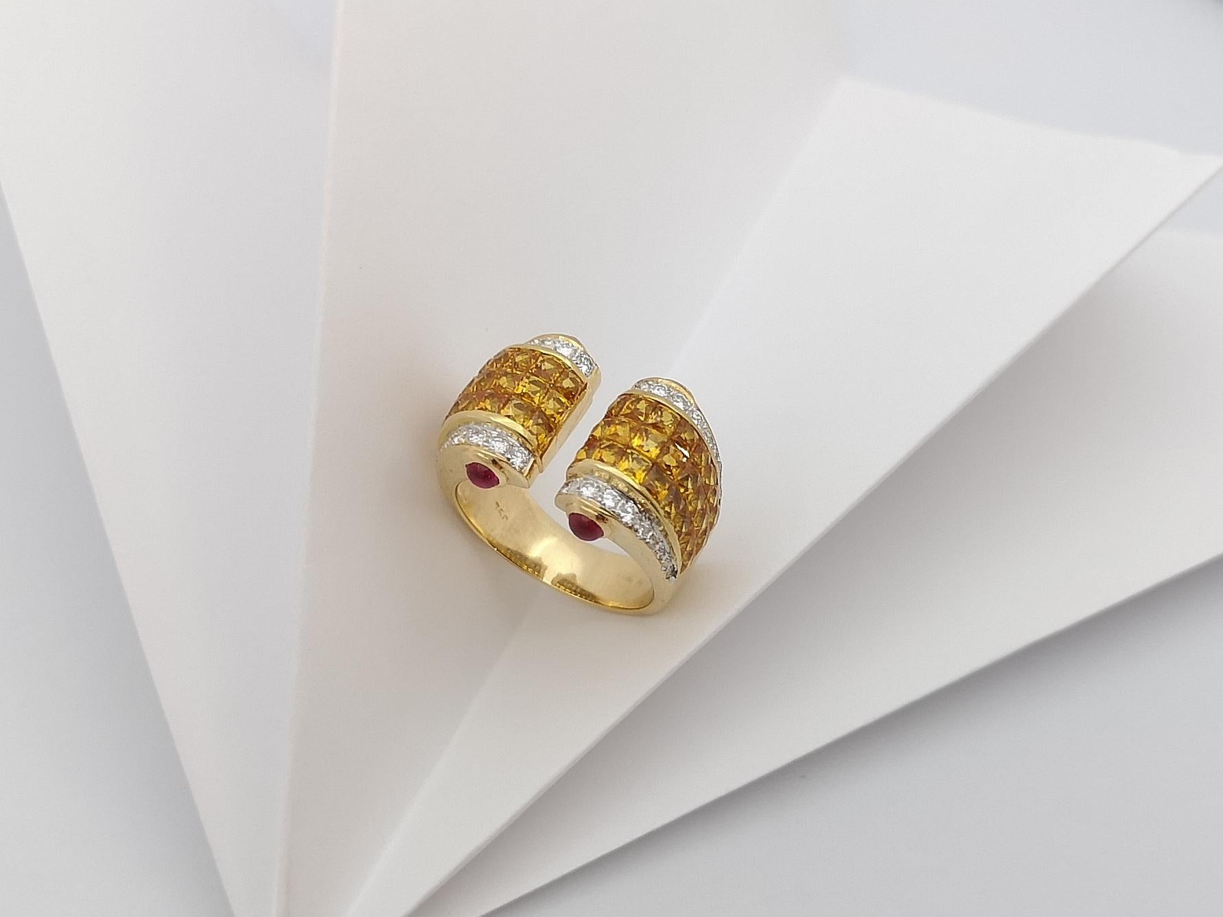 Bague en saphir jaune avec diamant et rubis cabochon sertie dans une monture en or 18 carats en vente 12