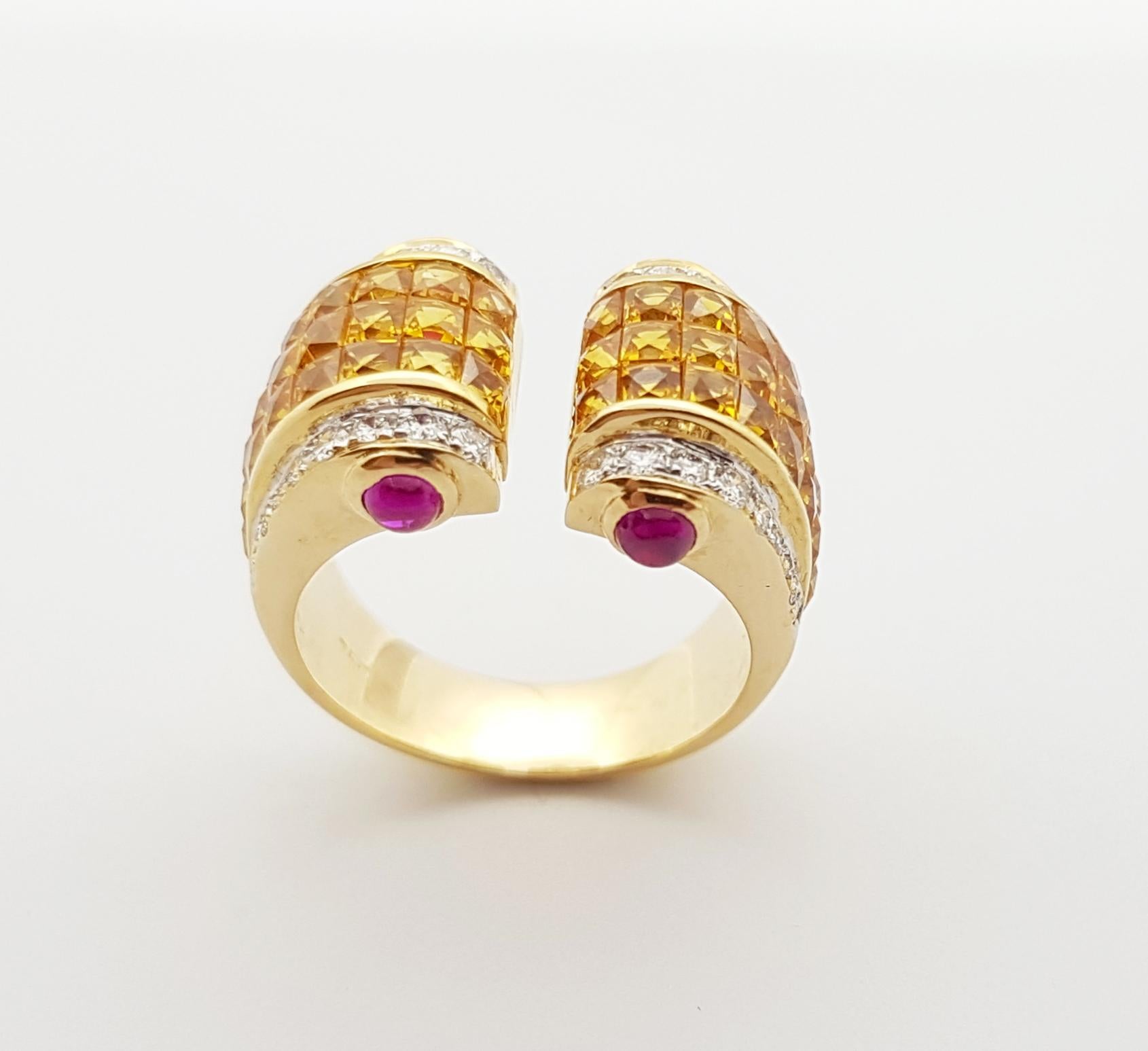 Women's Yellow Sapphire with Diamond and Cabochon Ruby Ring Set in 18 Karat Gold Setting For Sale