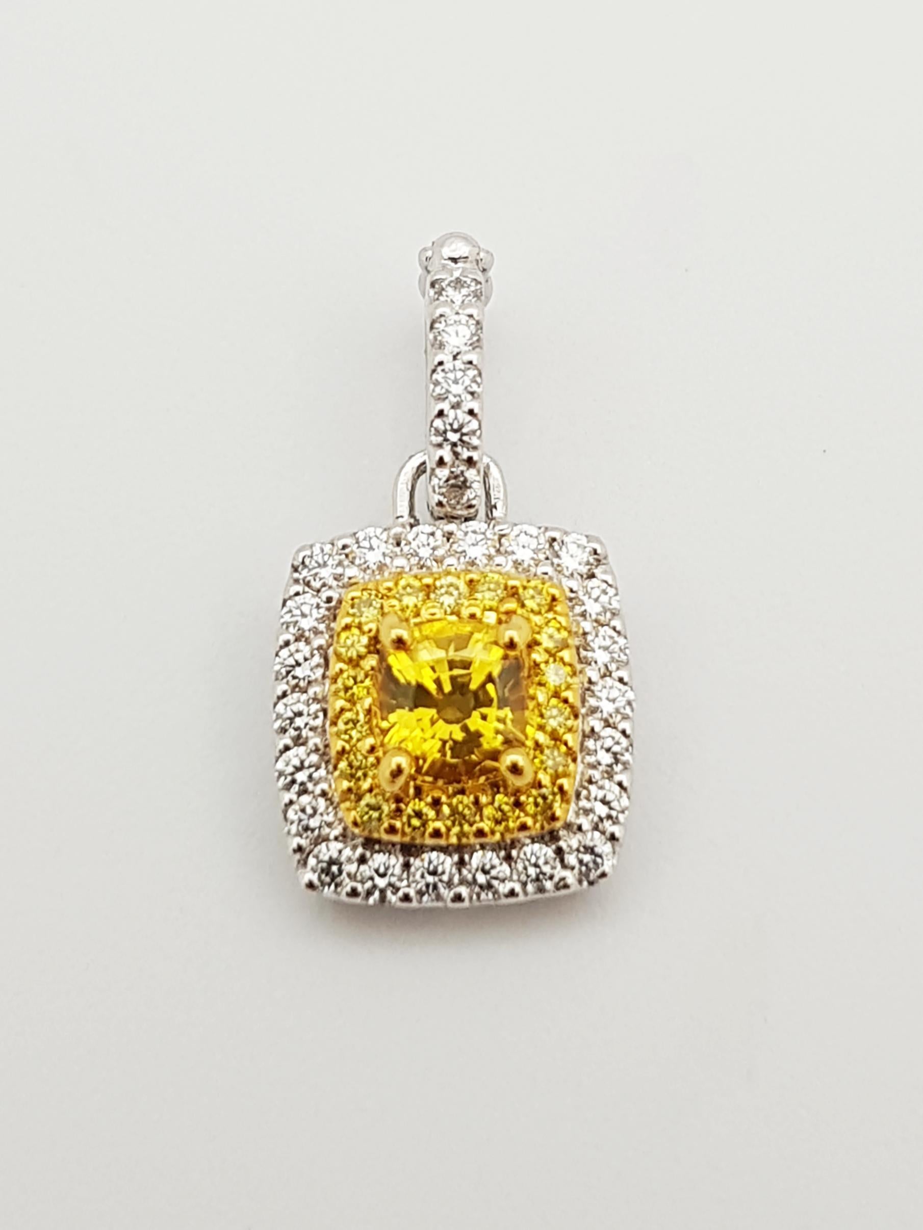 Contemporary Yellow Sapphire with Diamond and Yellow Diamond Pendant in 18 Karat White Gold For Sale