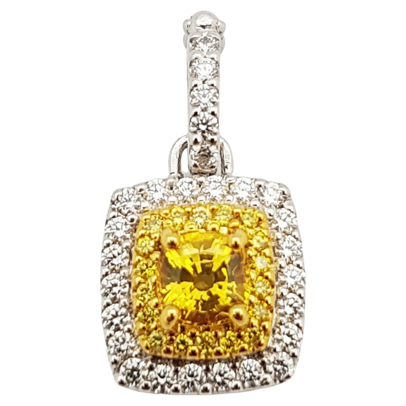 Yellow Sapphire with Diamond and Yellow Diamond Pendant in 18 Karat White Gold For Sale