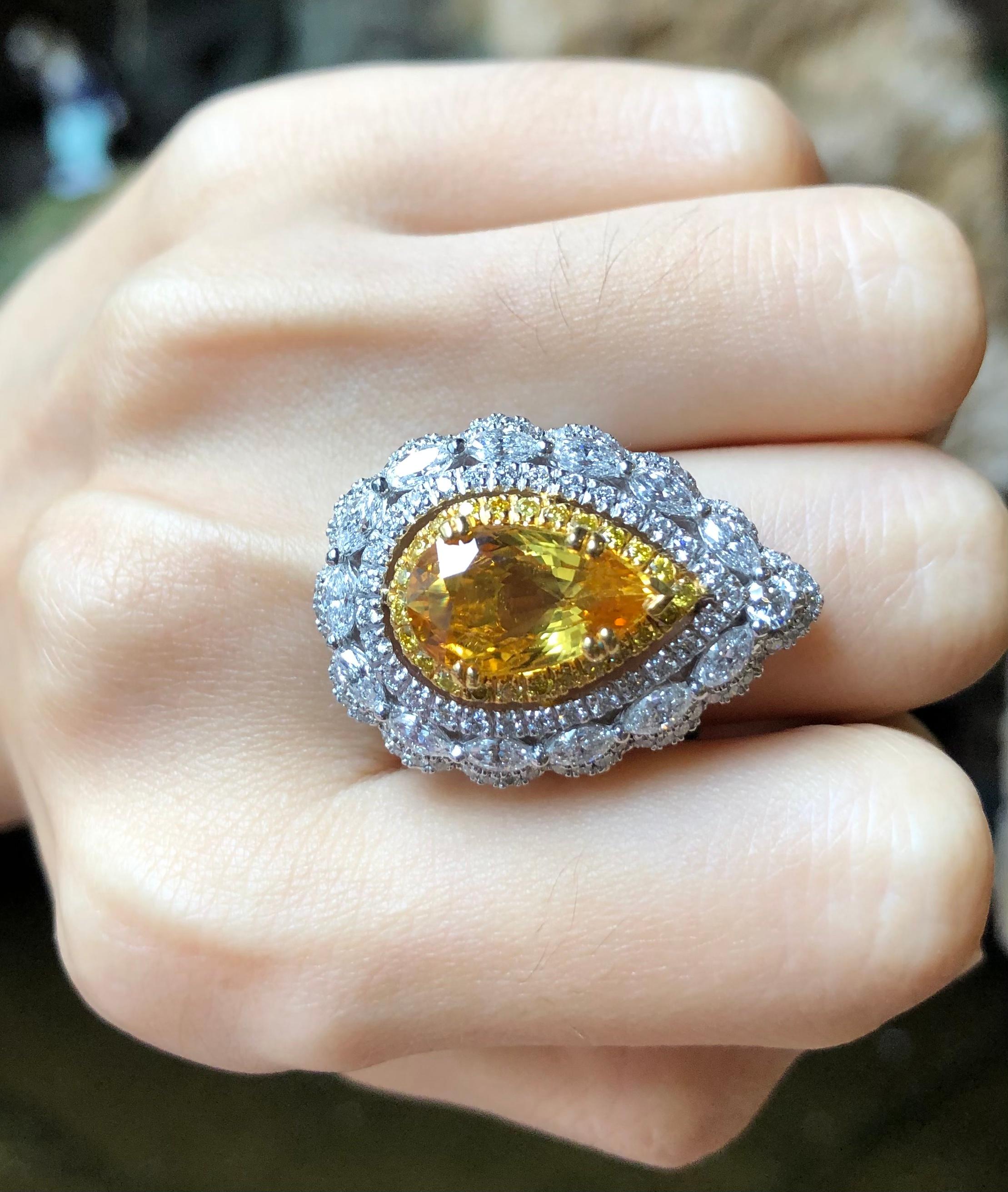 Contemporary Yellow Sapphire with Diamond and Yellow Diamond Ring Set in 18 Karat White Gold For Sale