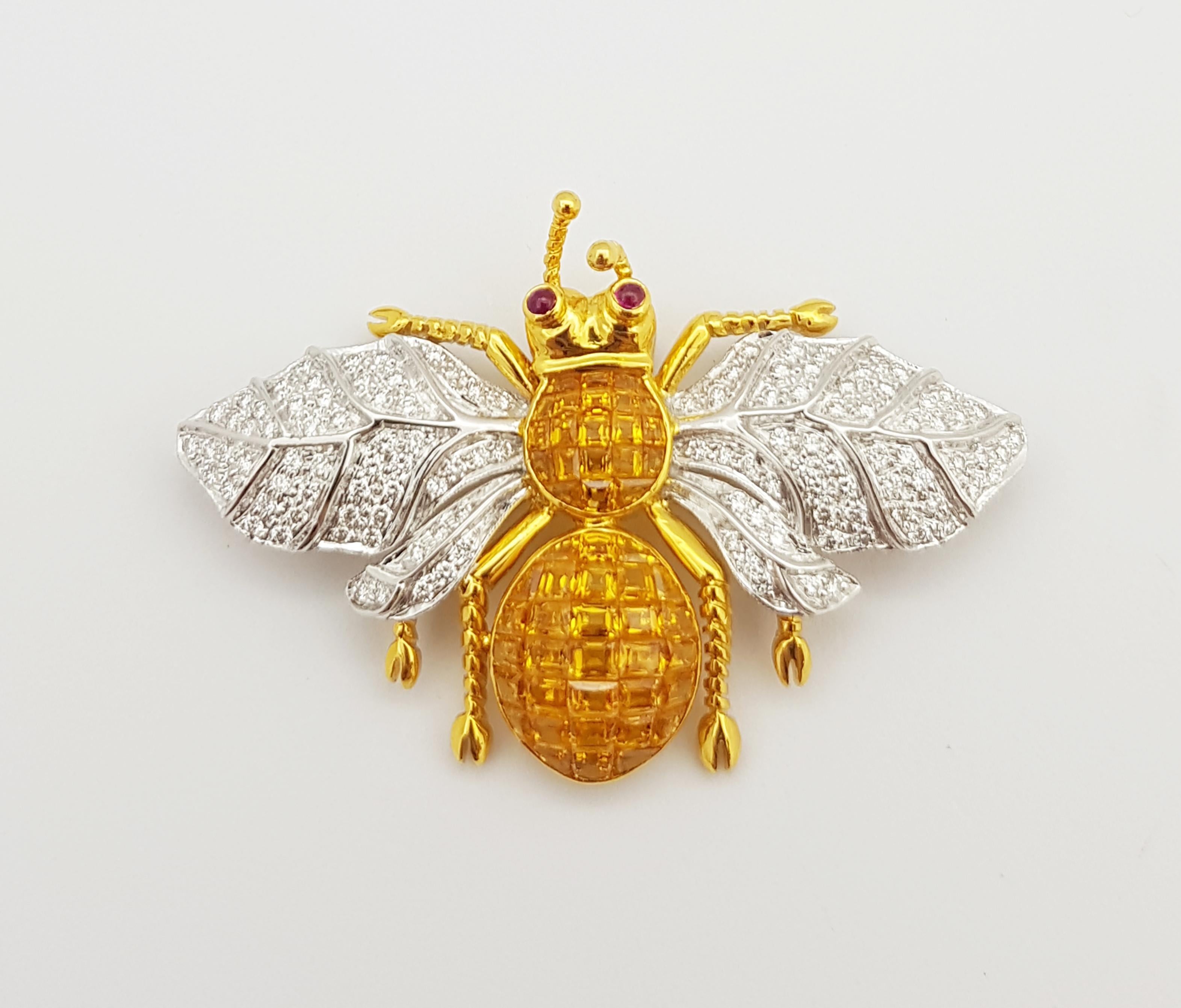 Contemporary Yellow Sapphire with Diamond Bee Brooch Set in 18 Karat Gold Settings For Sale