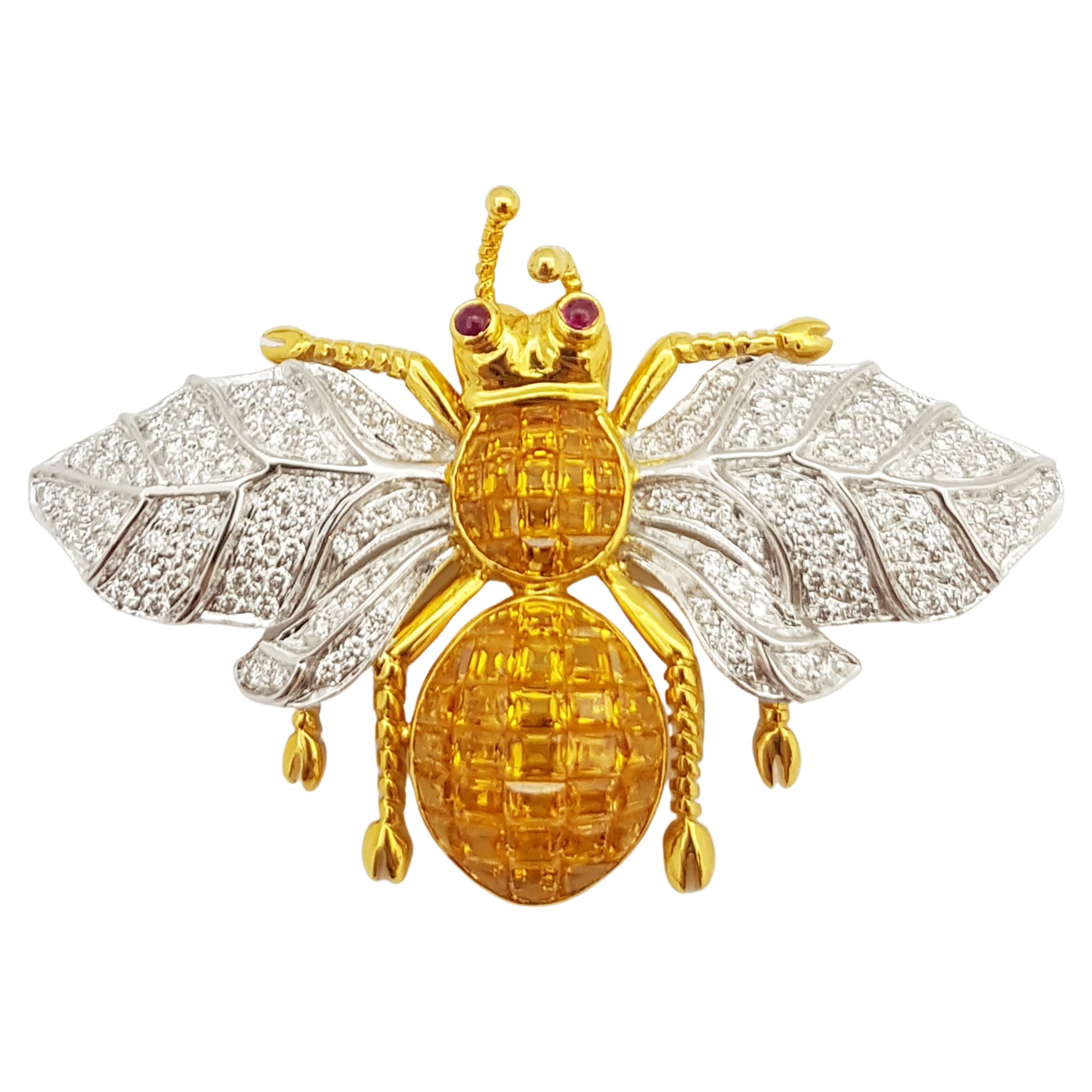 Yellow Sapphire with Diamond Bee Brooch Set in 18 Karat Gold Settings For Sale