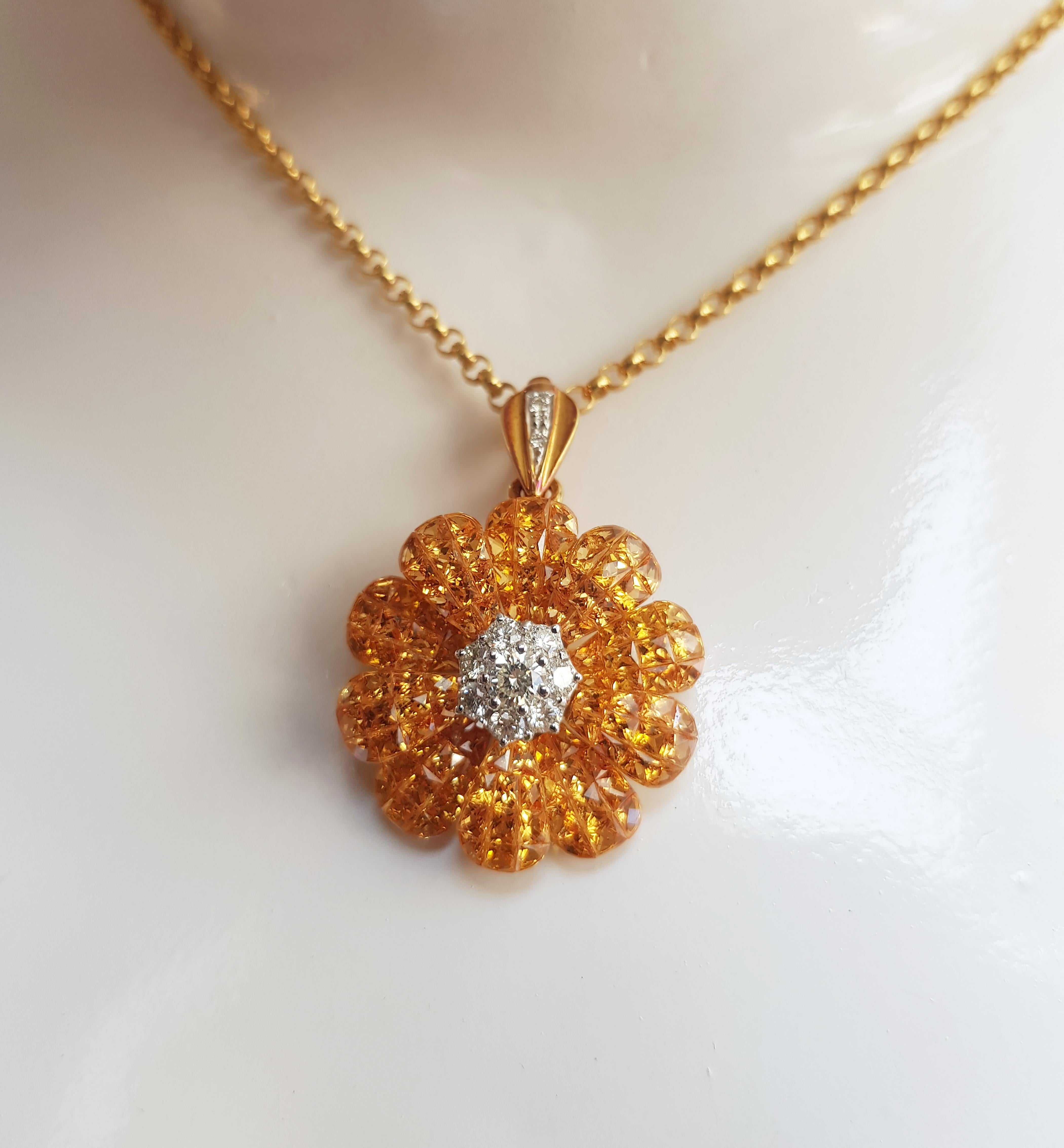 Yellow Sapphire 9.91 carats with Diamond  0.67 carat Brooch/Pendant set in 18 Karat Gold Settings
(chain not included)

Width: 2.6 cm
Length: 4.0 cm 

