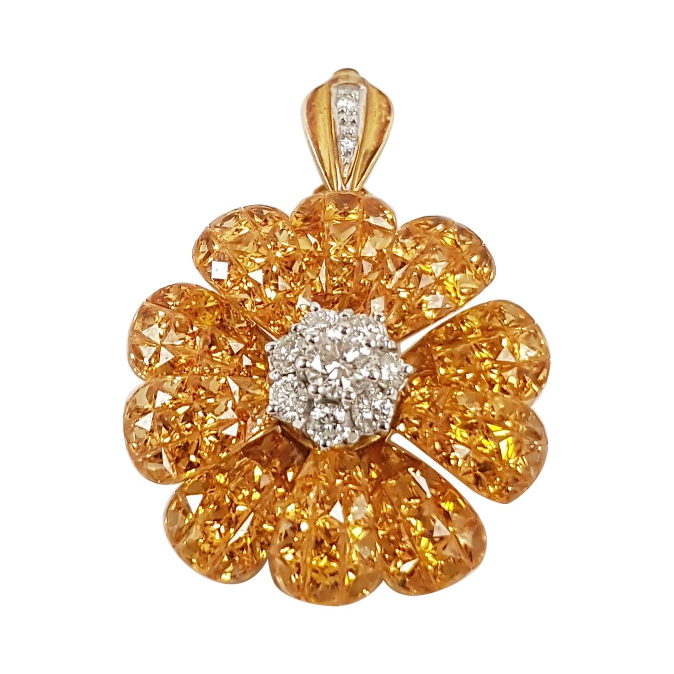 Yellow Sapphire with Diamond Flower Brooch or Pendant Set in 18 Karat Gold For Sale