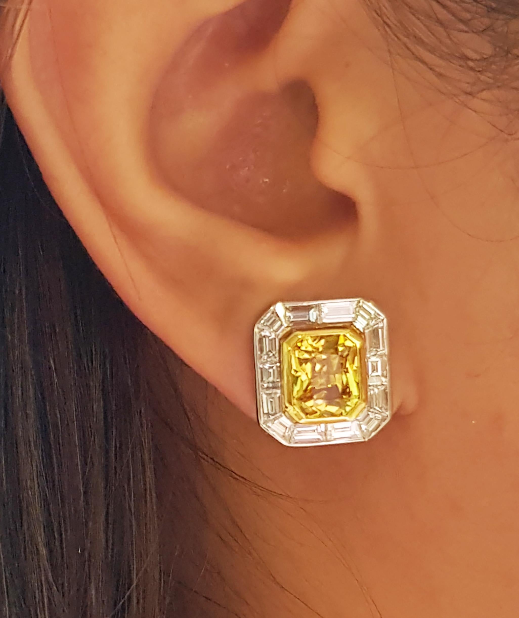 Yellow Sapphire 5.26 carats with Diamond 1.15 carats Earrings set in 18 Karat White Gold Settings

Width:  1.4 cm 
Length: 1.4 cm
Total Weight: 8.89 grams

